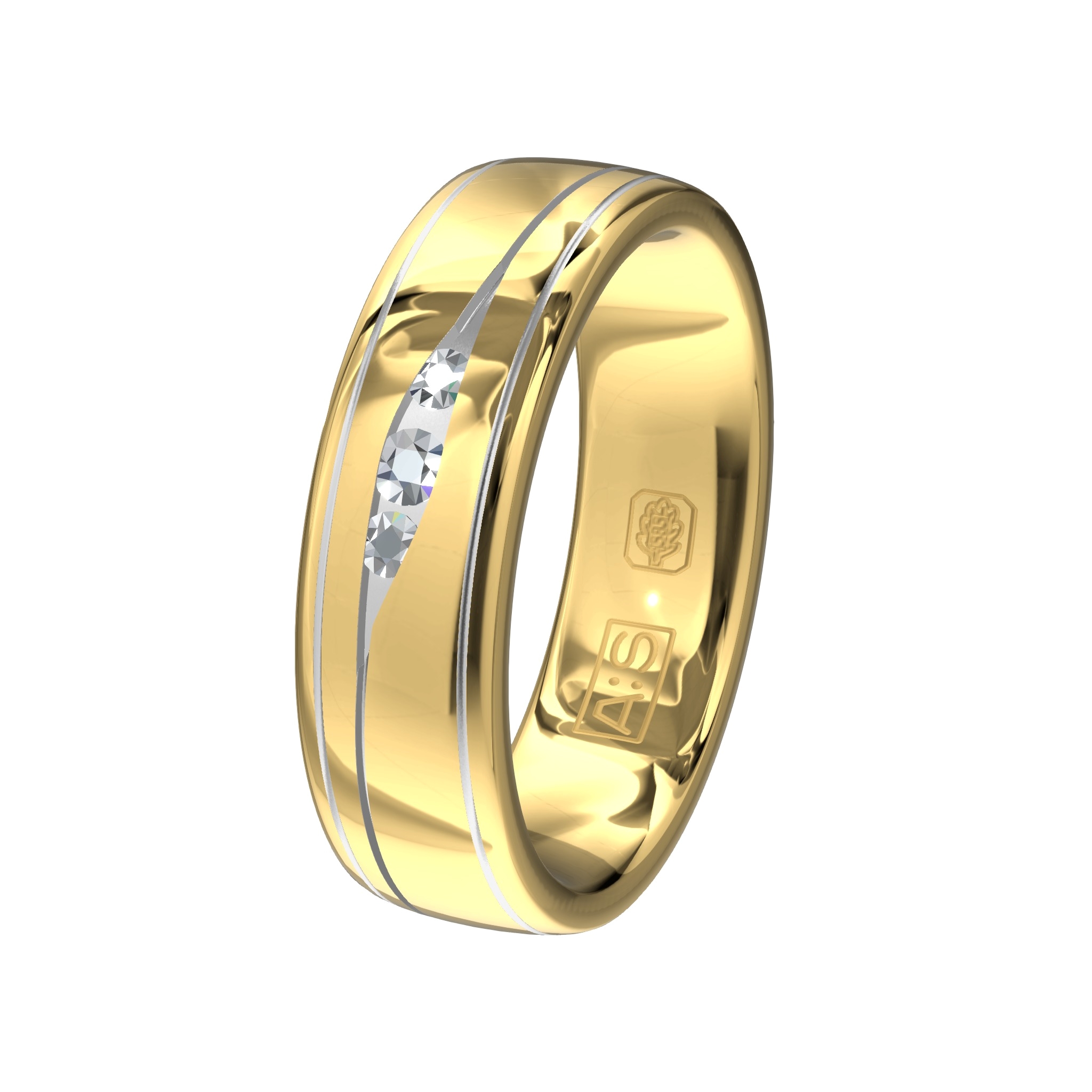 Mat en glanzend gepolijste bicolor ringen. Op de damesring sieren drie briljanten in al hun pracht!