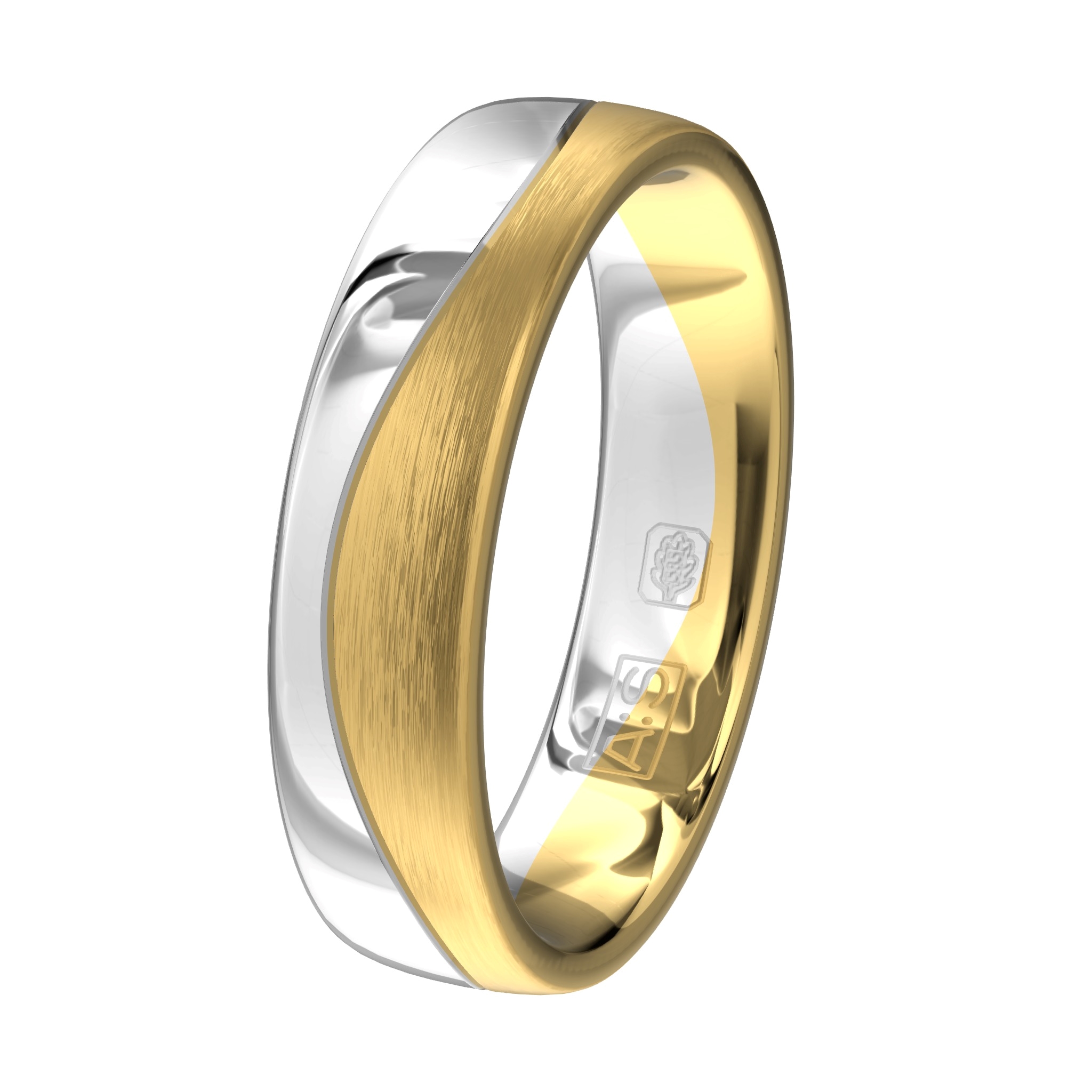 Deze bicolor ring heeft een sierlijk lijnenspel waarbij een helft door onze goudsmeden glanzend is gemaakt en de andere helft gematteerd.