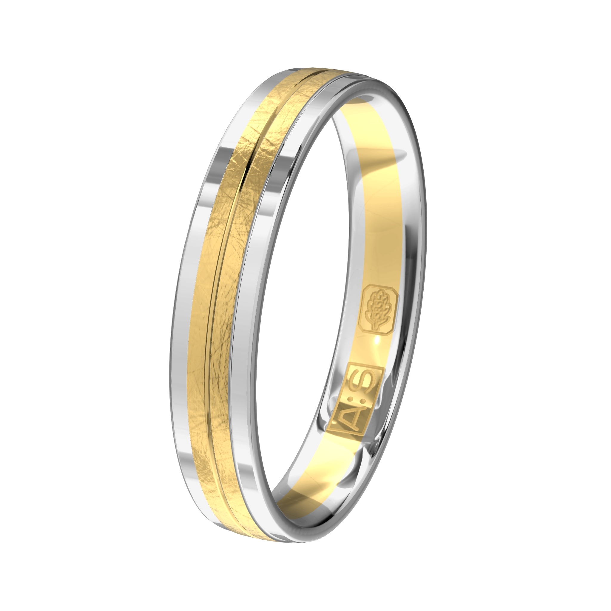 Tegen zo'n prachtige ring kan je toch geen nee zeggen? De geelgouden middenbanen hebben een ijsmattering en de witgouden buitenbanen zijn gepolijst.