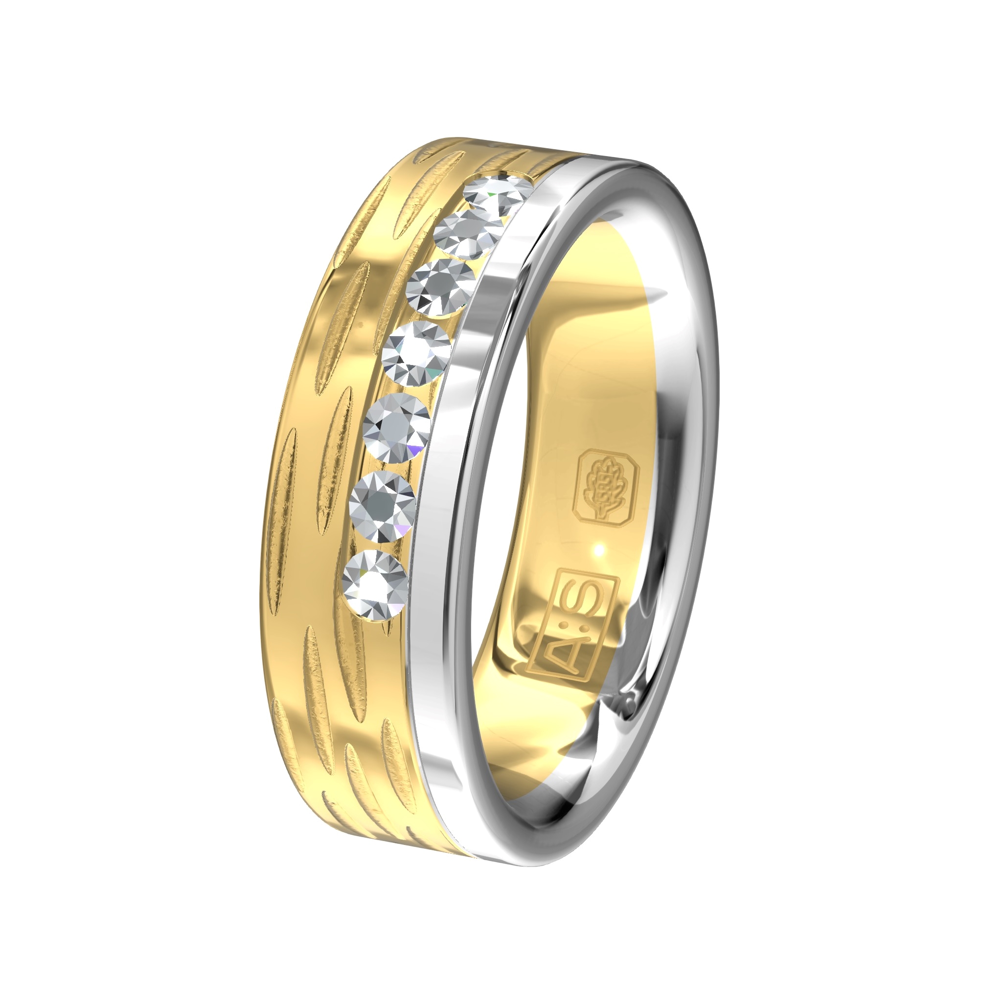 Deze ringen zijn door hun unieke bewerking stoer en elegant tegelijk. De damesring is met zeven briljanten een plaatje!