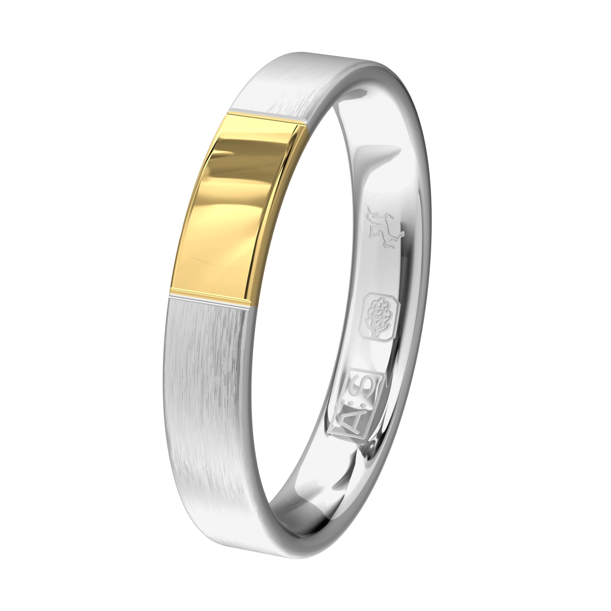 Een vlakke horizontaal matte ring wordt onderbroken door glanzend geelgoud.