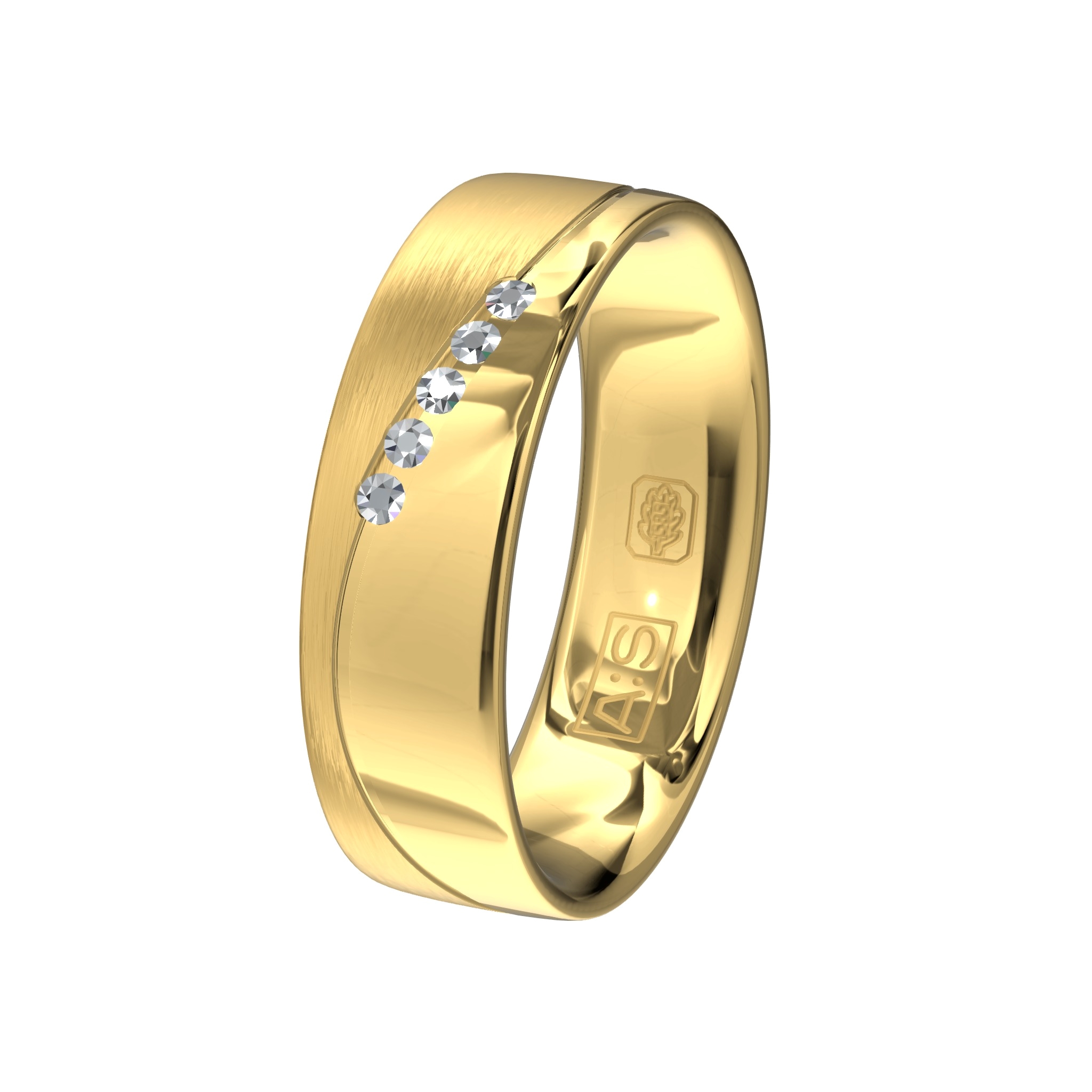 Glanzend geelgoud en gematteerd geelgoud worden gecombineerd in een sierlijk lijnenspel waarin door onze diamantzetters vijf briljanten zijn geplaatst.