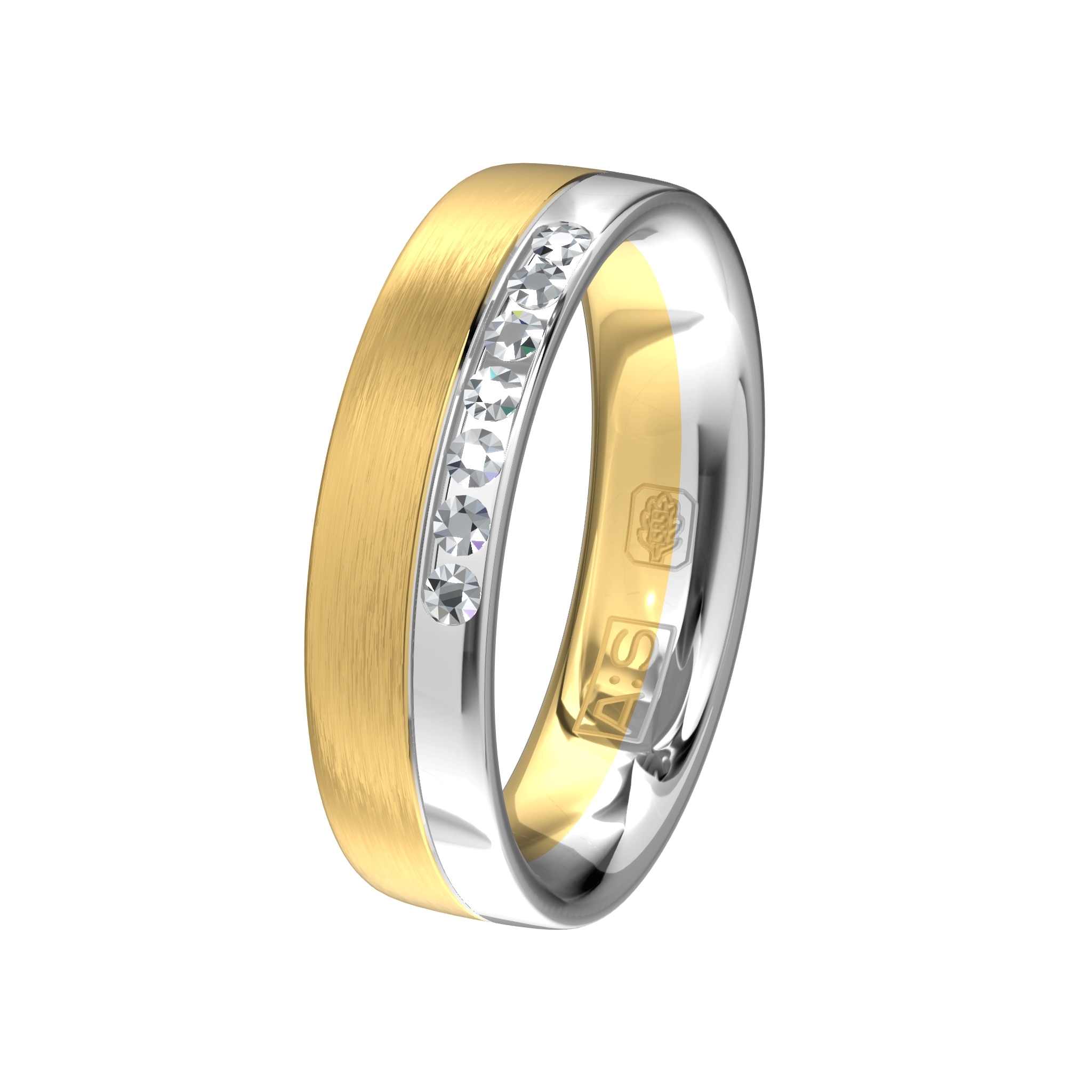 Een ambachtelijk gemaakte ring van geel- en witgoud, in de witte baan zijn door de diamantzetter 7 briljanten gezet, deze ring is een kunstwerk voor het leven!