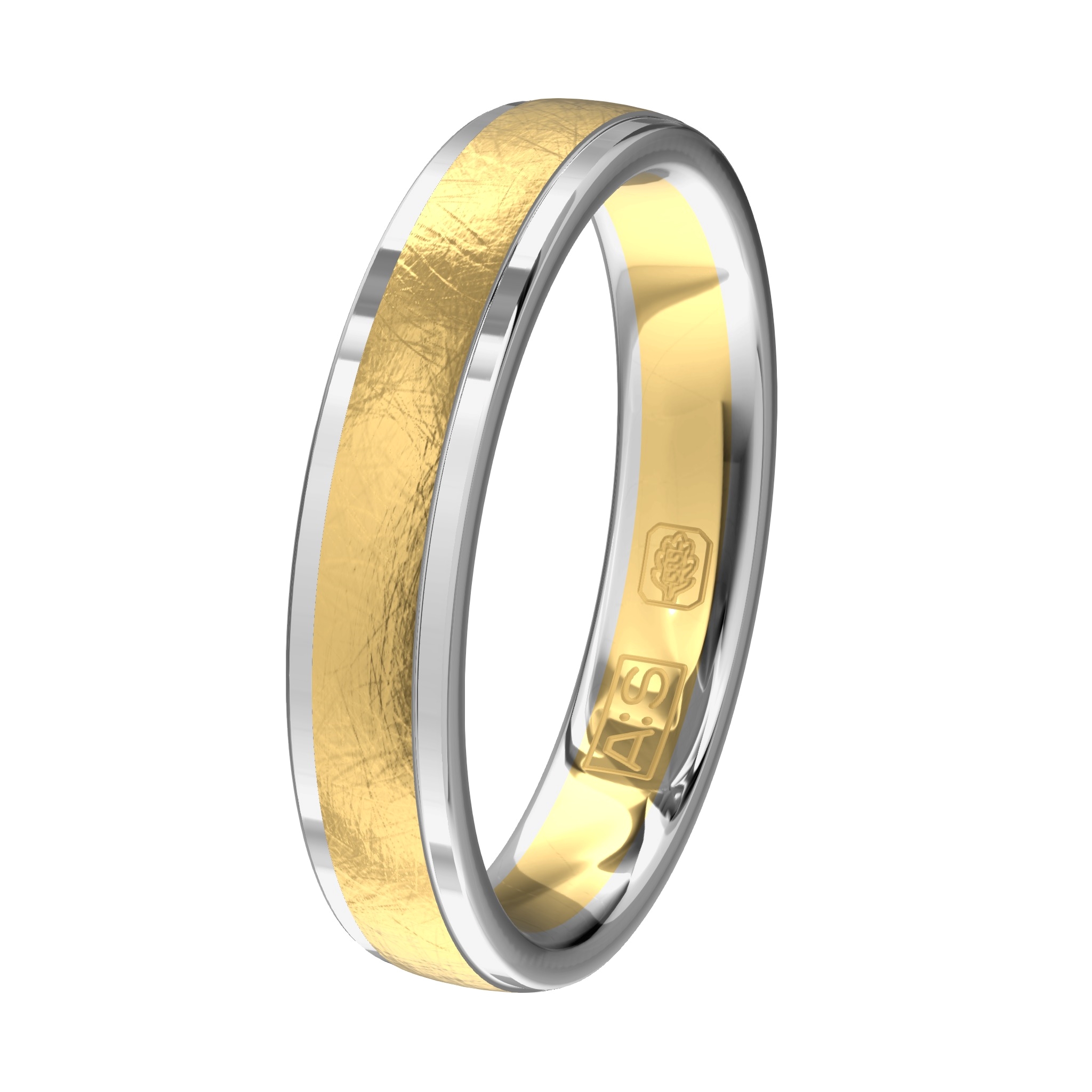 Deze ring is spannend door de afwisseling, glanzend en ijsmat, geelgoud en witgoud, brede baan en smalle baantjes