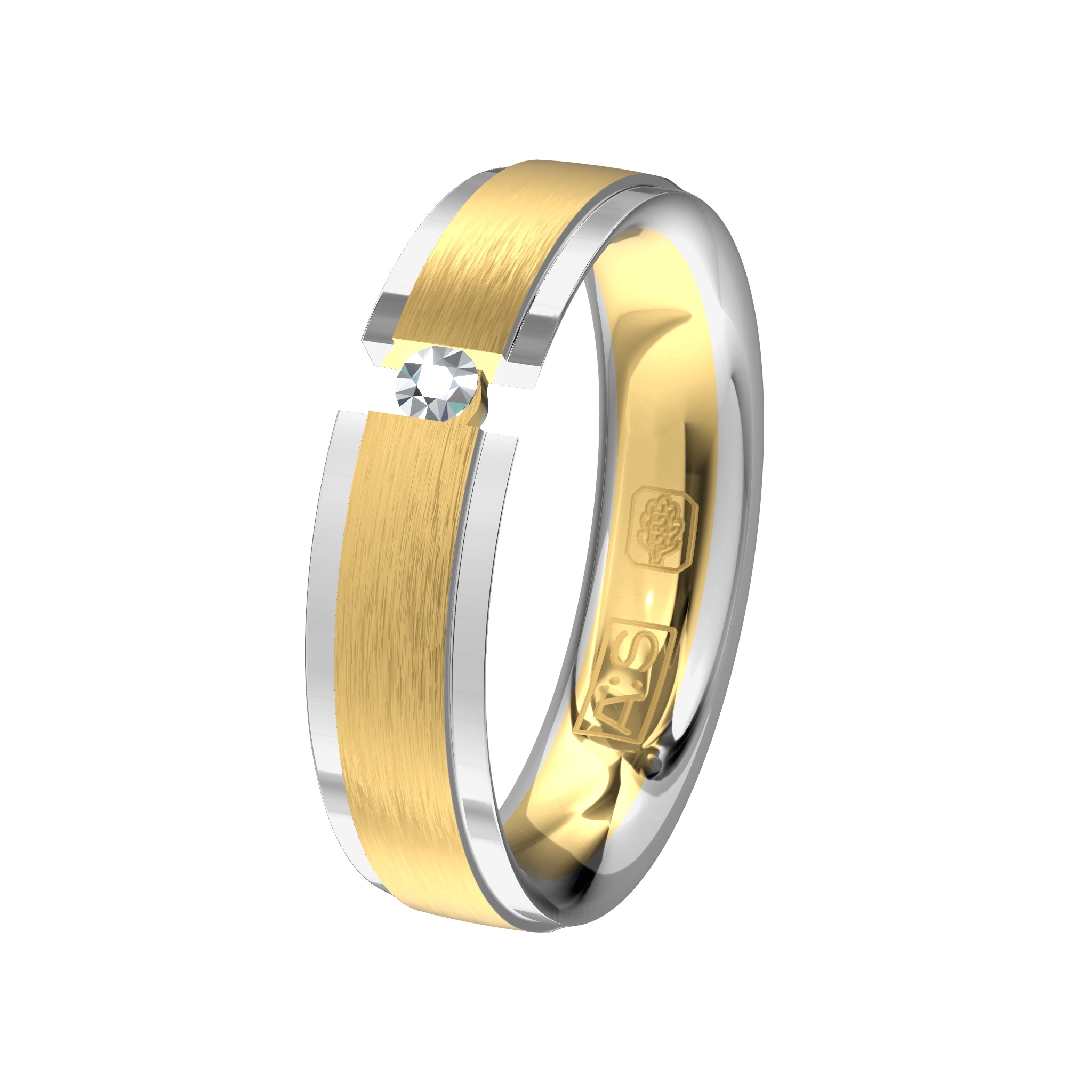 De combinatie van een gematteerde oppervlak en glanzende zijbanen kenmerkt deze spanring met een 'zwevende' briljant