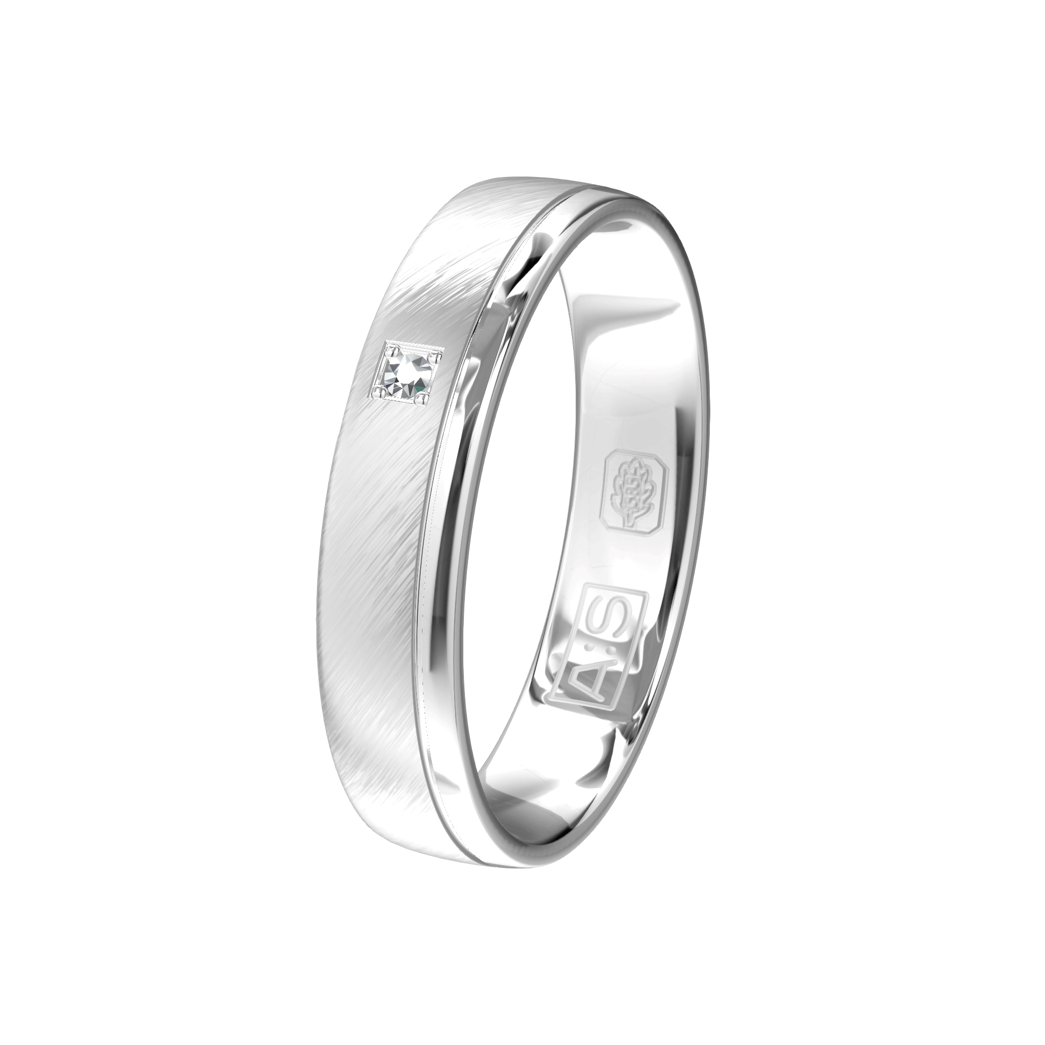 Wie wordt er nu niet gelukkig van zo'n mooie combinatie? Glanzend witgoud gecombineerd met mat witgoud en een briljant gezet door onze diamantzetters.