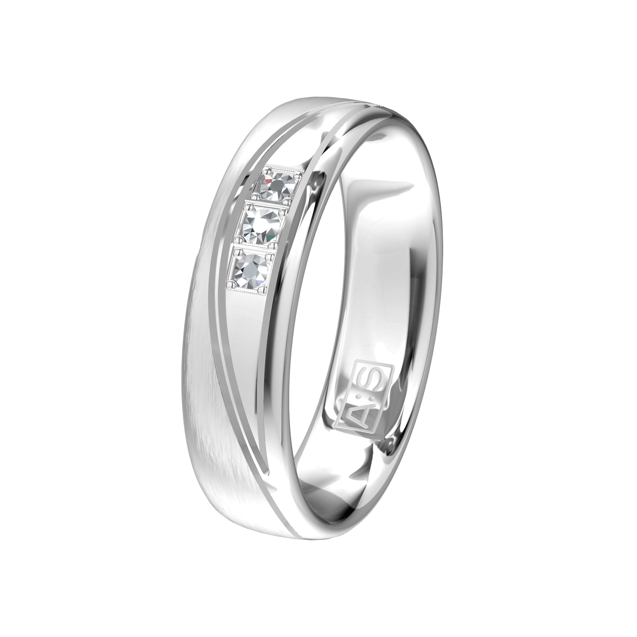 Is dit het perfecte model voor jouw? Een waar plaatje deze ring met een bewerkingslijn, drie briljanten en twee verschillende oppervlaktebewerkingen.