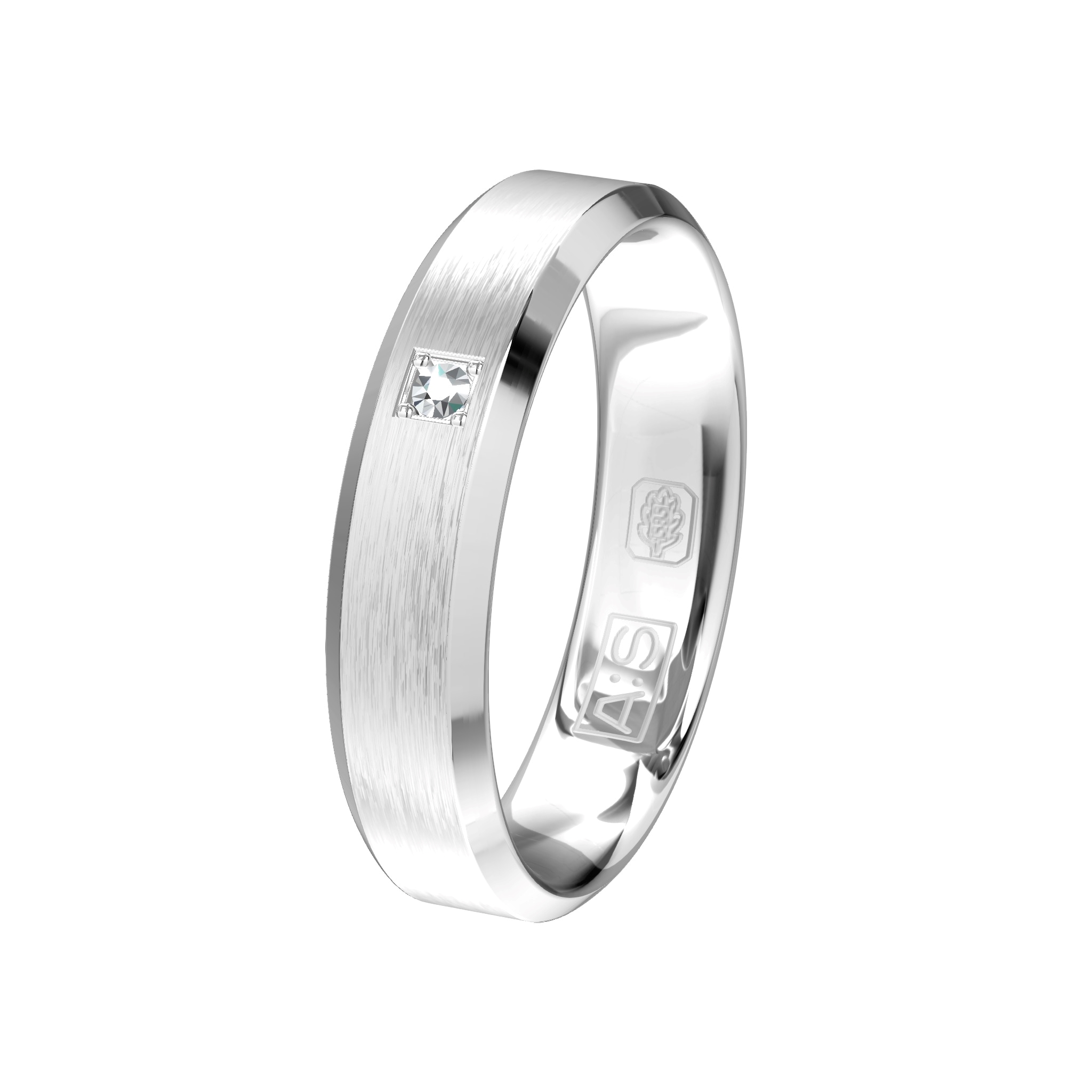 Deze ring wil je gewoon aanraken! De gepolijste schuine zijkanten geven deze ring een unieke uitstraling. De briljant is in een vierkant geplaatst.