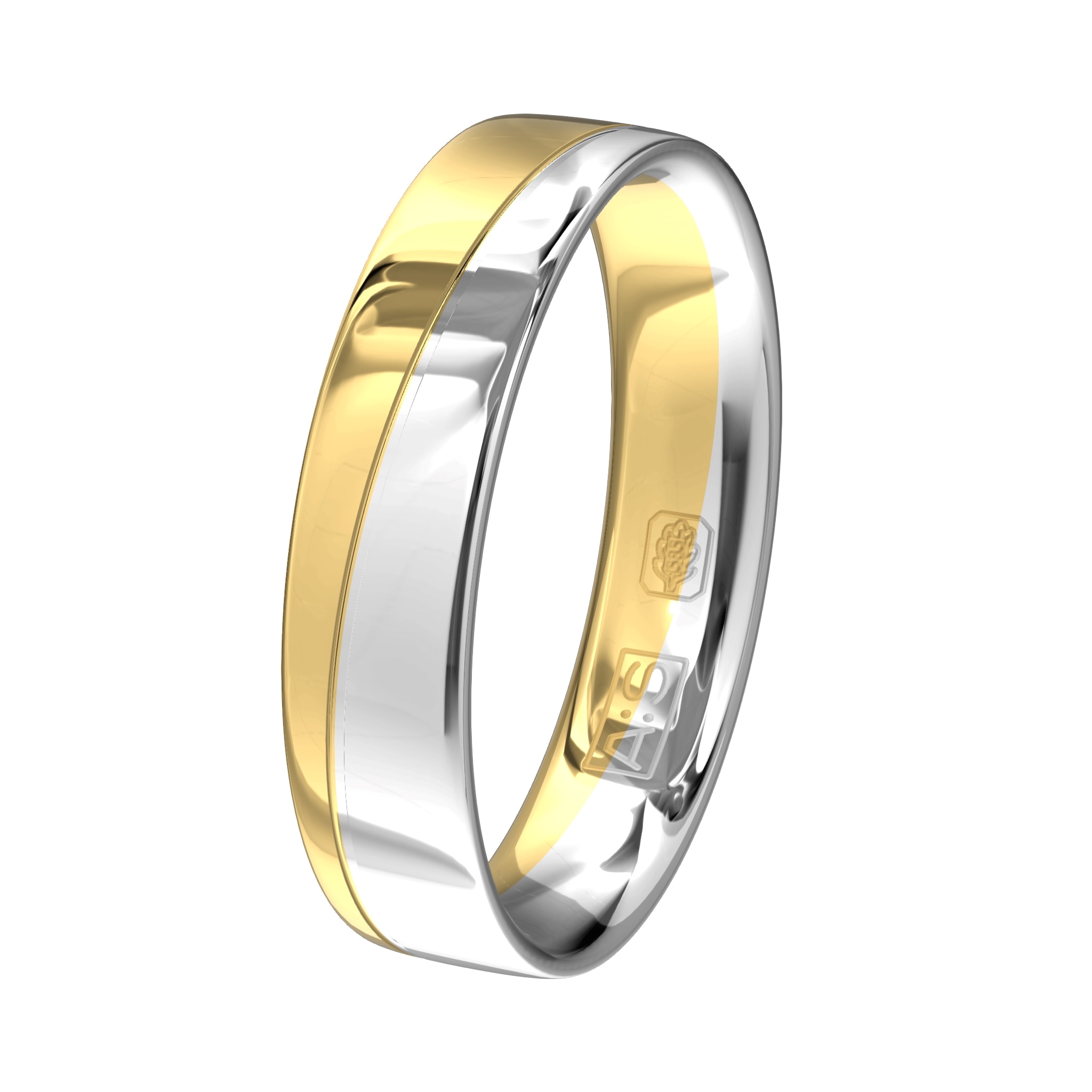 Op deze geel- met witgouden ring accentueren vijf briljanten de diagonale overgang tussen het geel- en witgoud!