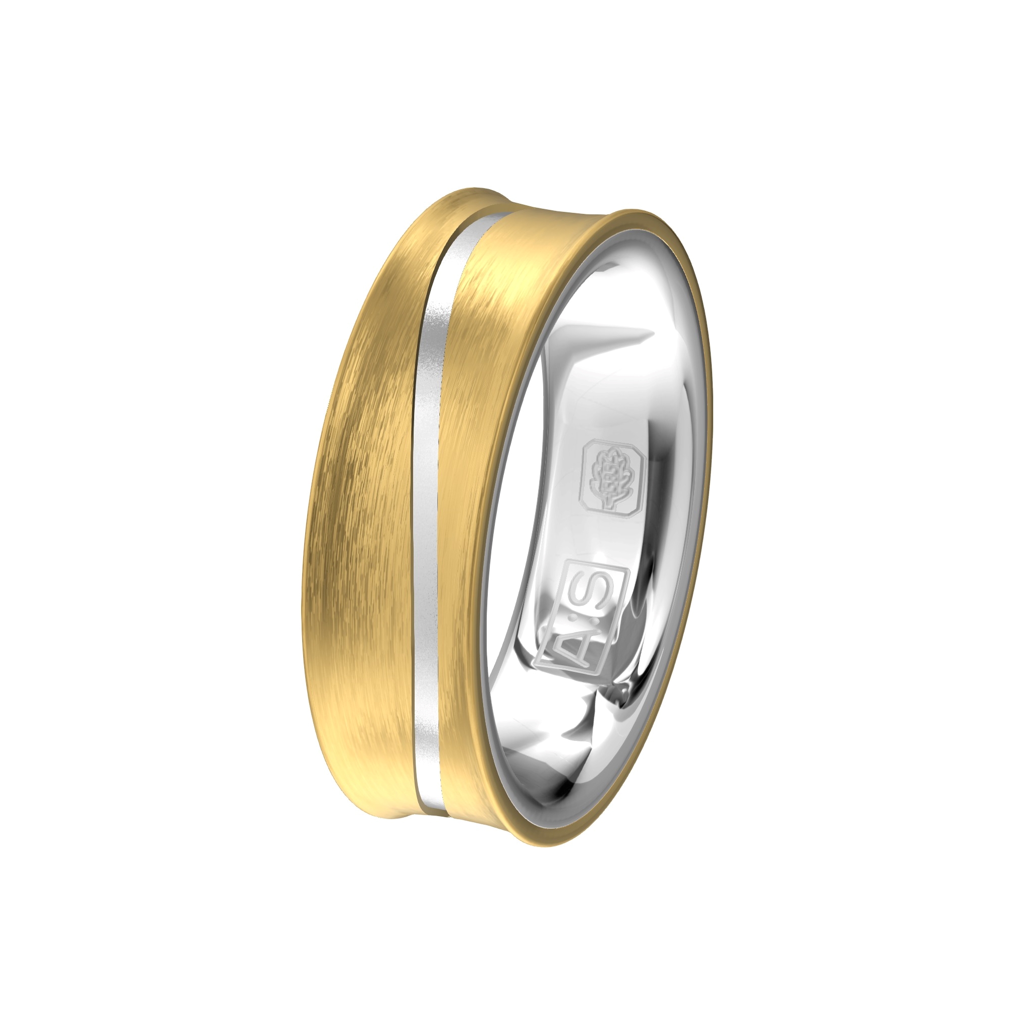 Een prachtig kleurenspel vormen deze binnenring van witgoud en buitenring van geelgoud. Door de bewerking in het geelgoud wordt het witgoud zichtbaar.