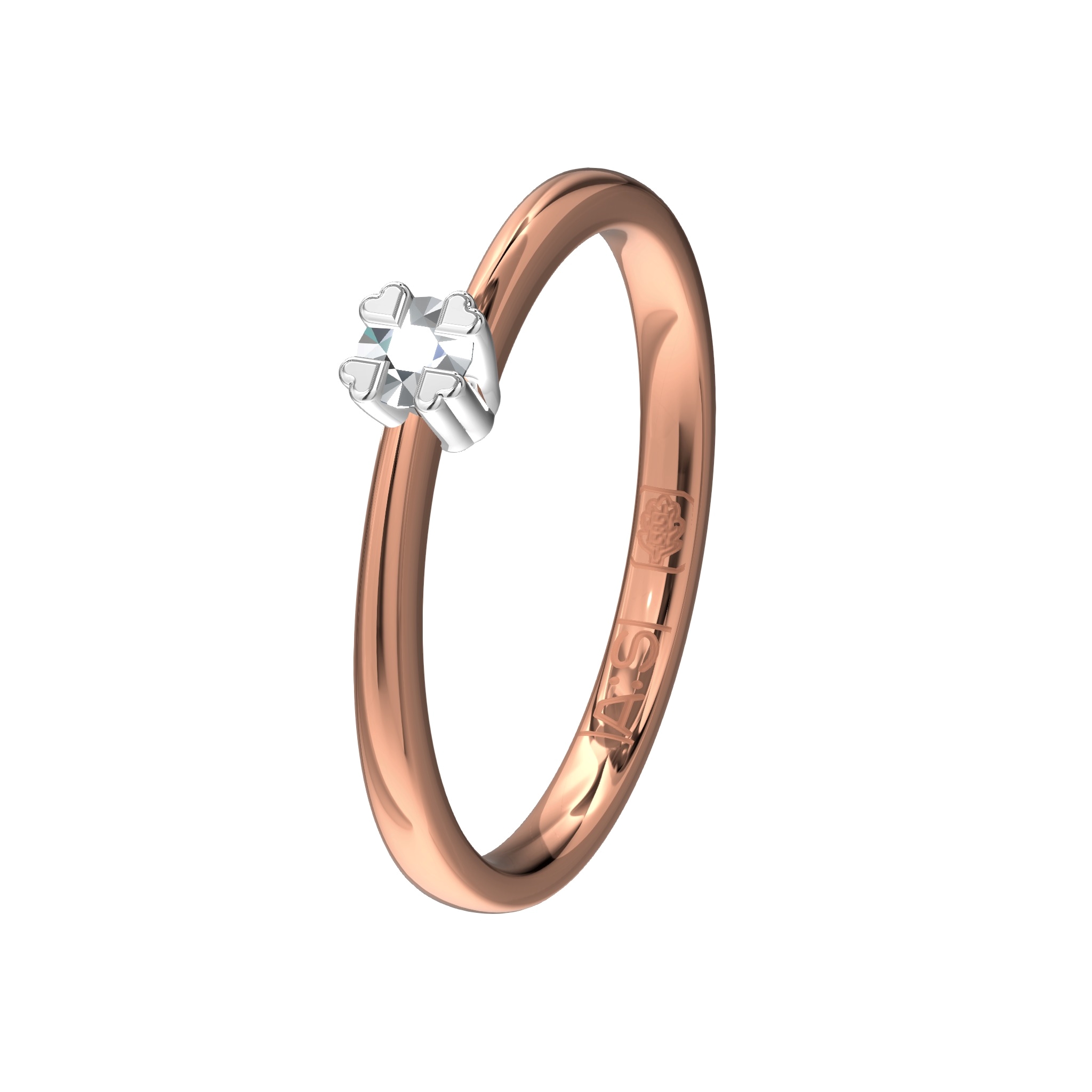 De unieke vormgeving van deze solitaire ring in combinatie met de vier hartvormige pootjes maken deze ring tot een waar sieraad welke door onze diamantzetters is voorzien van een 0,10 ct. briljant.