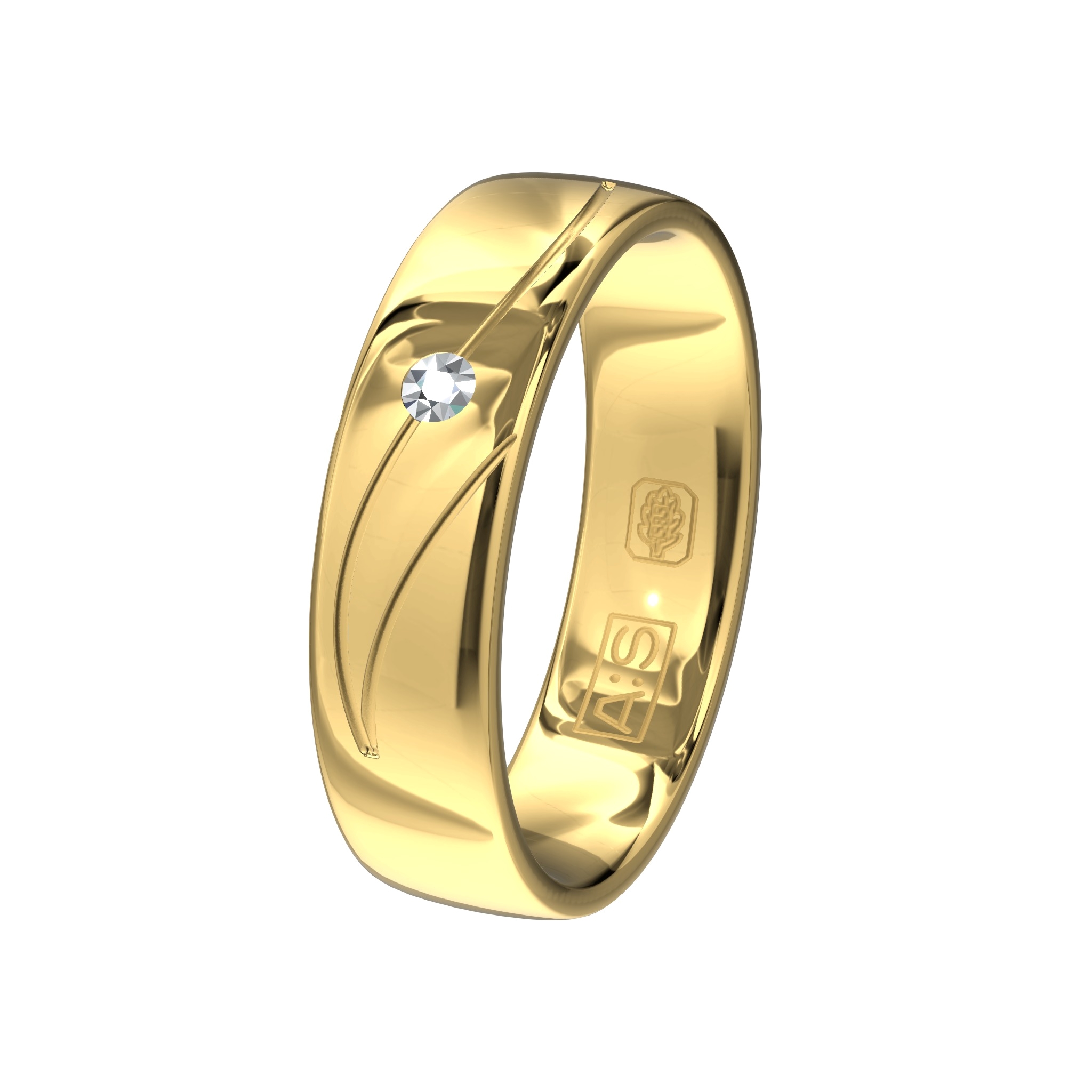 `Geïnspireerd door de natuur`. In deze elegante ringen worden prachtige bewerkingen gecombineerd op glanzende ringen. Onze goudsmeden hebben in de damesring een briljant geplaatst.