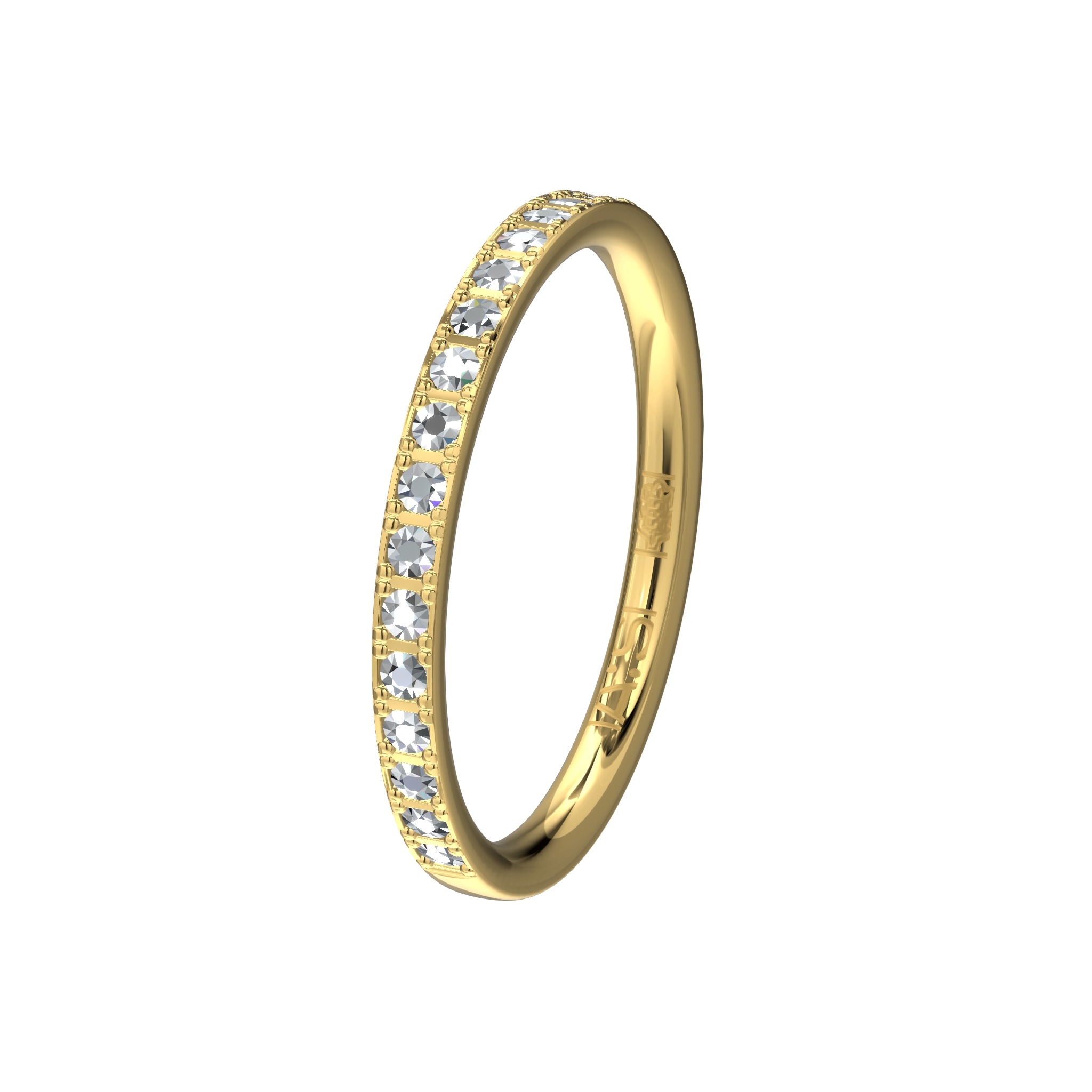 Deze elegante geelgouden aanschuifring is halfvolgezet met briljanten  en vormt een perfecte combinatie met bijvoorbeeld een witgoudpalladium memoirering.