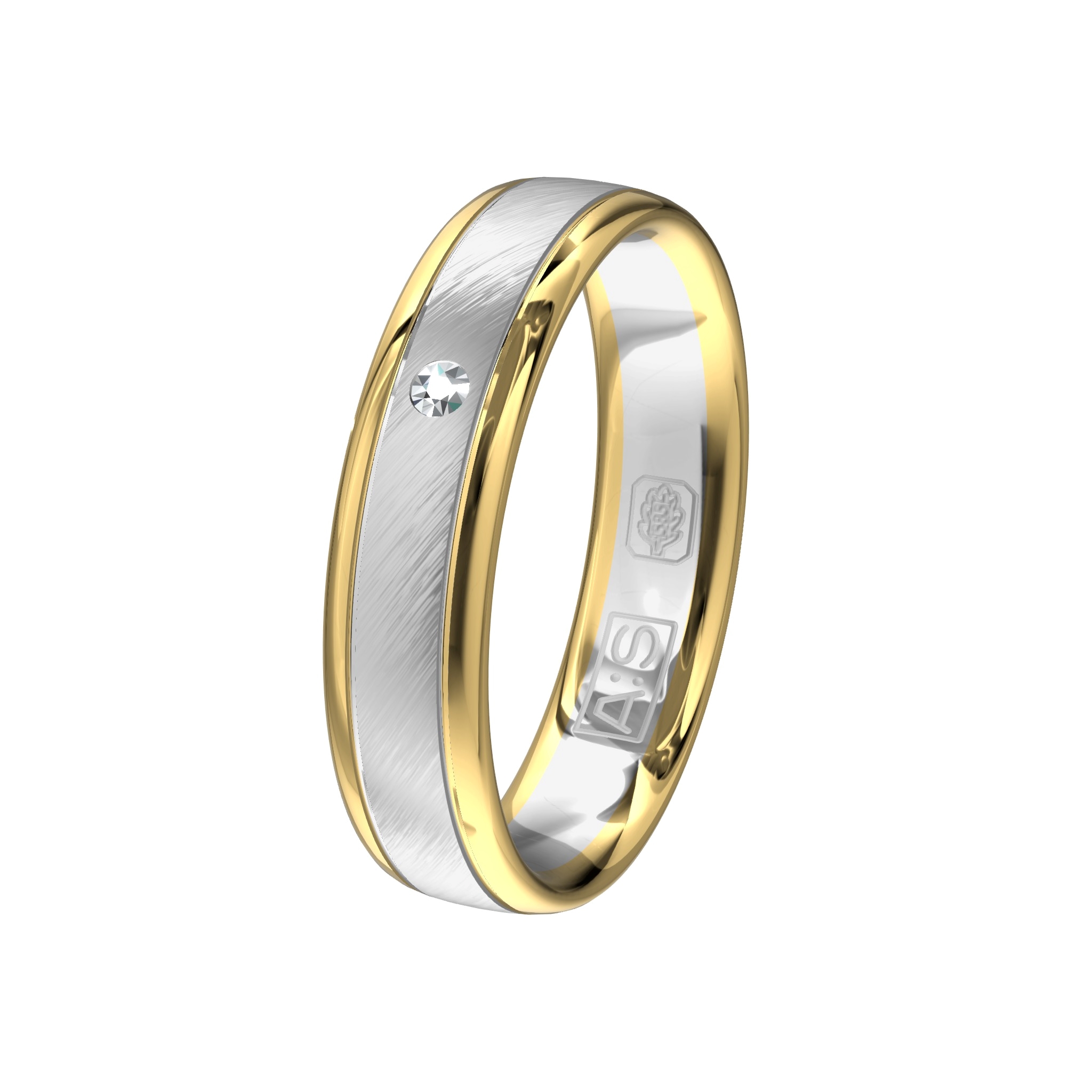 Doordat het matte witgoud breder is dan het glanzende geelgoud ontstaat er een fraaie combinatie waarin door onze diamantzetters een briljant is geplaatst.