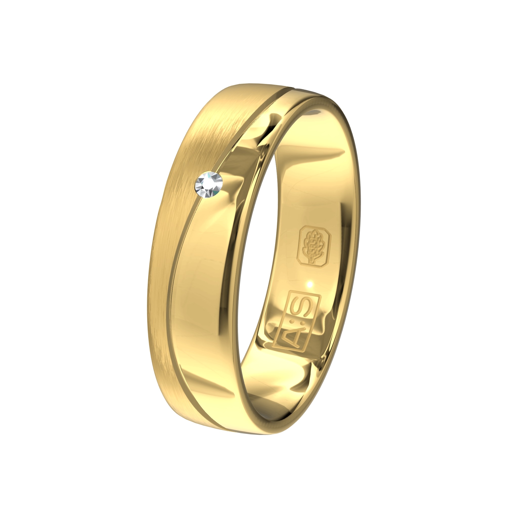 For the perfect day... dat is deze geelgouden ring met prachtige bewerkingslijn. Onze diamantzetters hebben op elegante wijze een briljant hierin geplaatst.