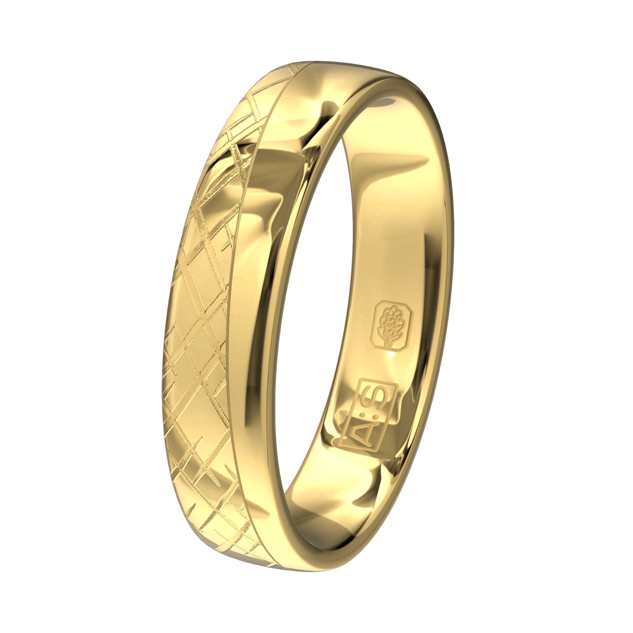 De combinatie van glanzend geelgoud en een unieke bewerking maakt deze ring spannend