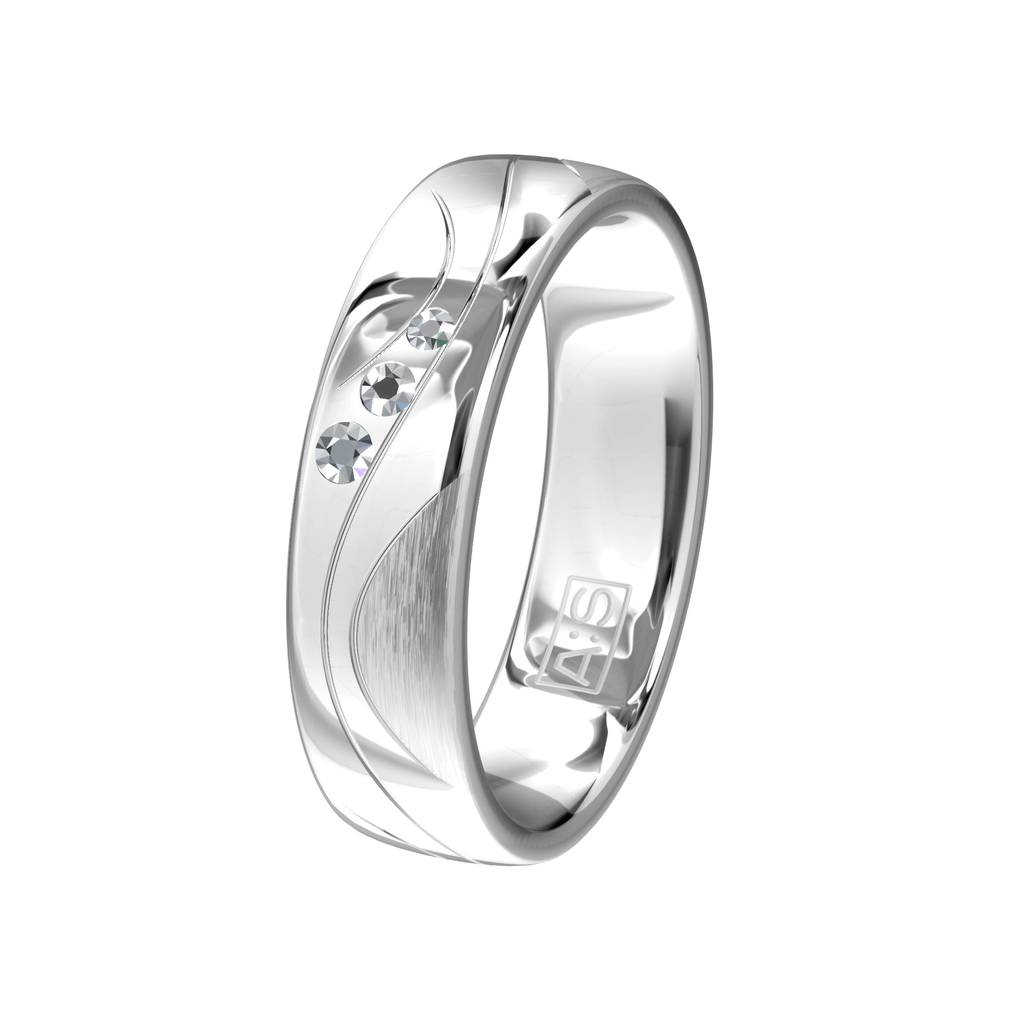 Deze ring heeft een dubbele bewerking en is uitgevoerd in een combinatie van glans en mat en wordt voorzien van drie briljanten.