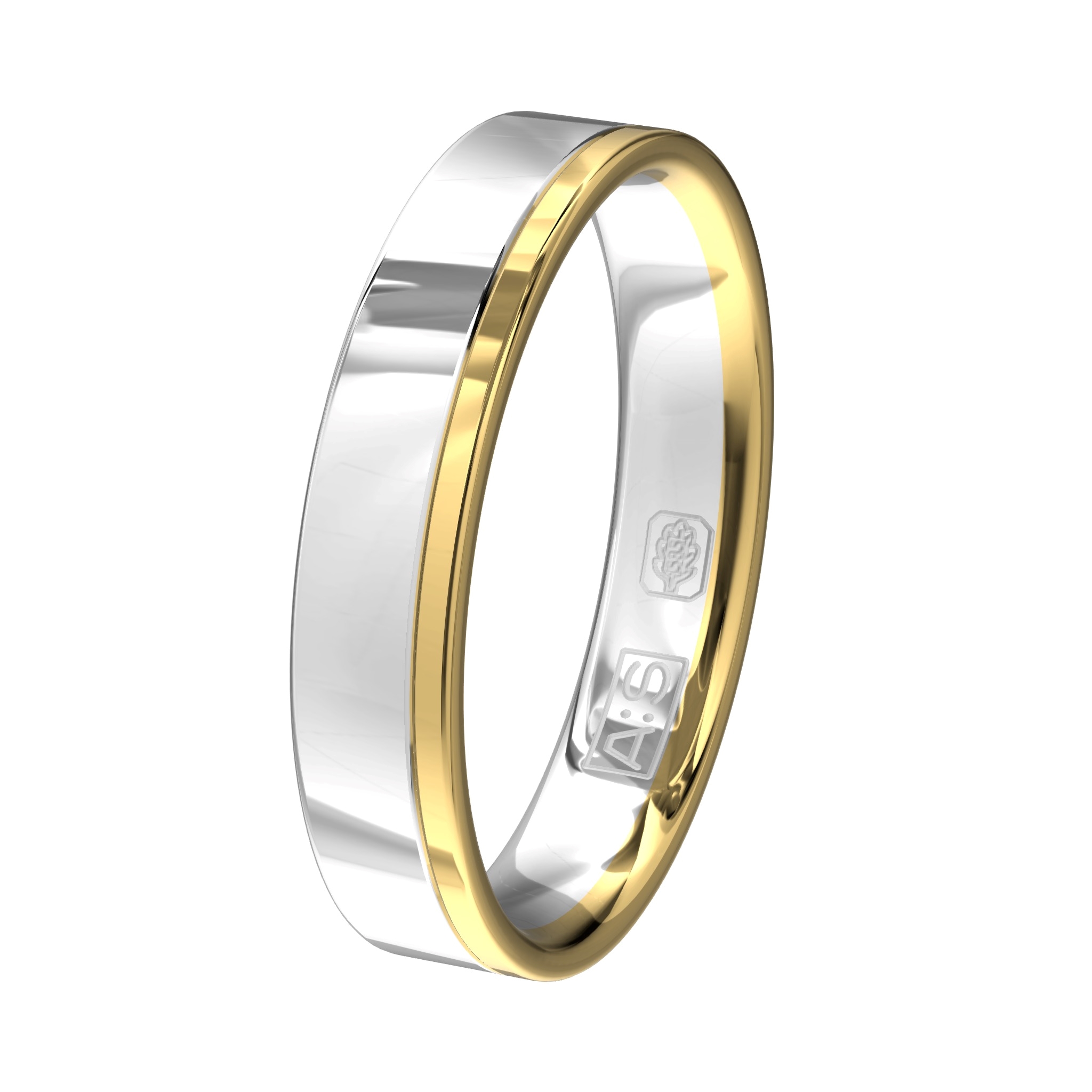 Deze tijdloze witgouden ring is voorzien van een heel dun baantje geelgoud. De ronde binnenkant zorgt bij deze ring voor een heerlijk draagcomfort.