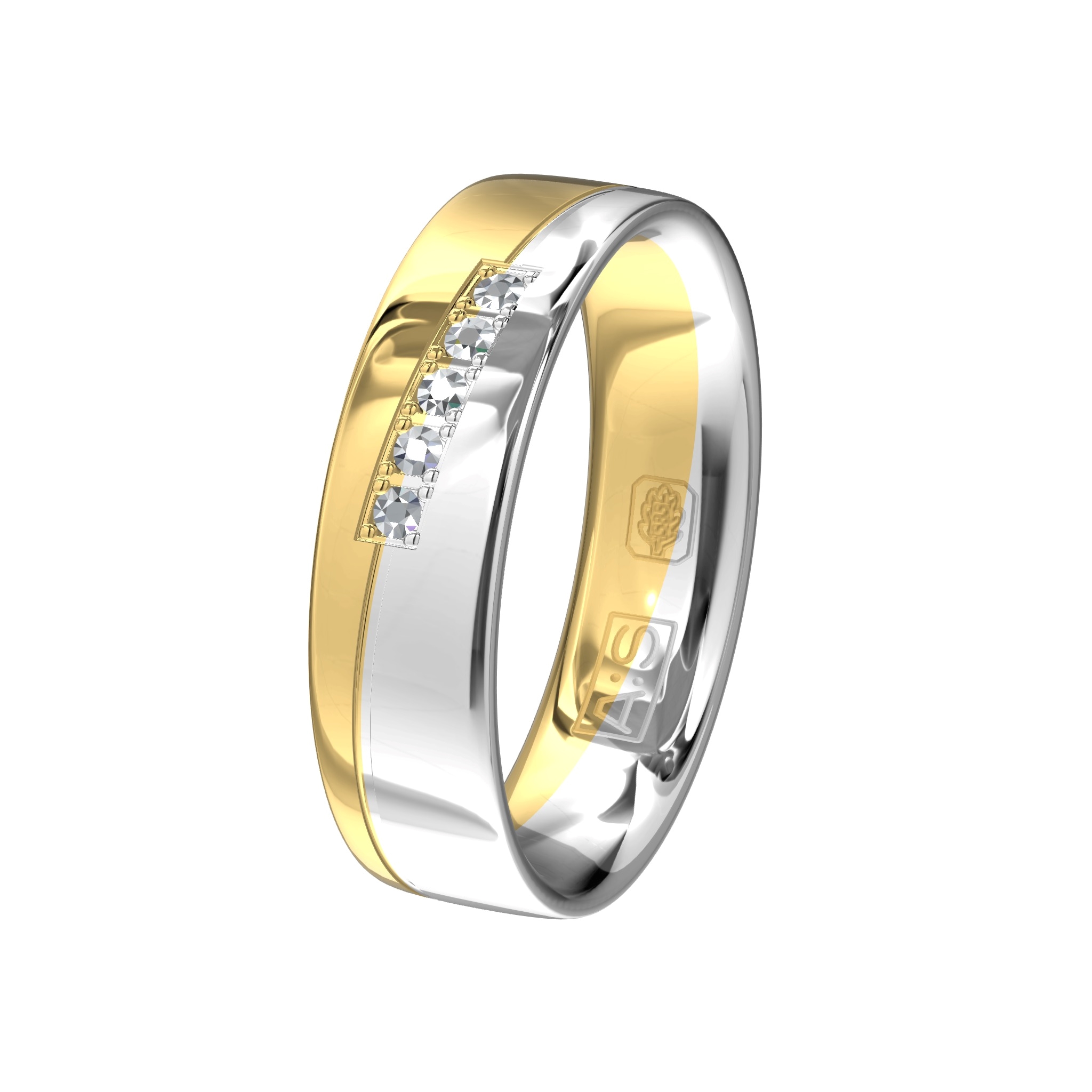 Op deze geel- met witgouden ring accentueren vijf briljanten de diagonale overgang tussen het geel- en witgoud!