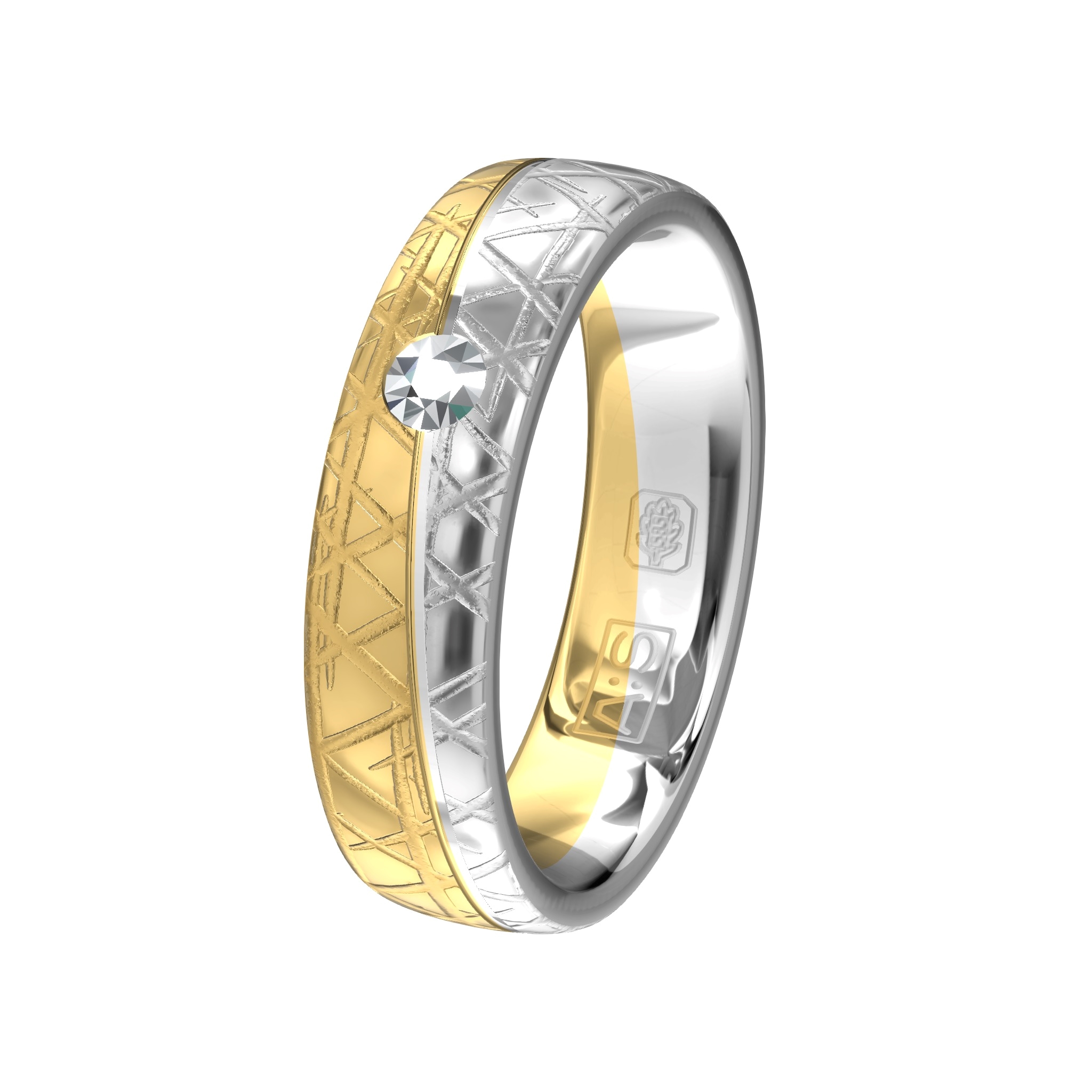 Door de hamerslagbewerking en de speciale behandeling van het witgoud krijgt deze ring een unieke look! Op de overgang tussen het geelgoud en witgoud hebben onze diamantzetters  een prachtige briljant gezet.