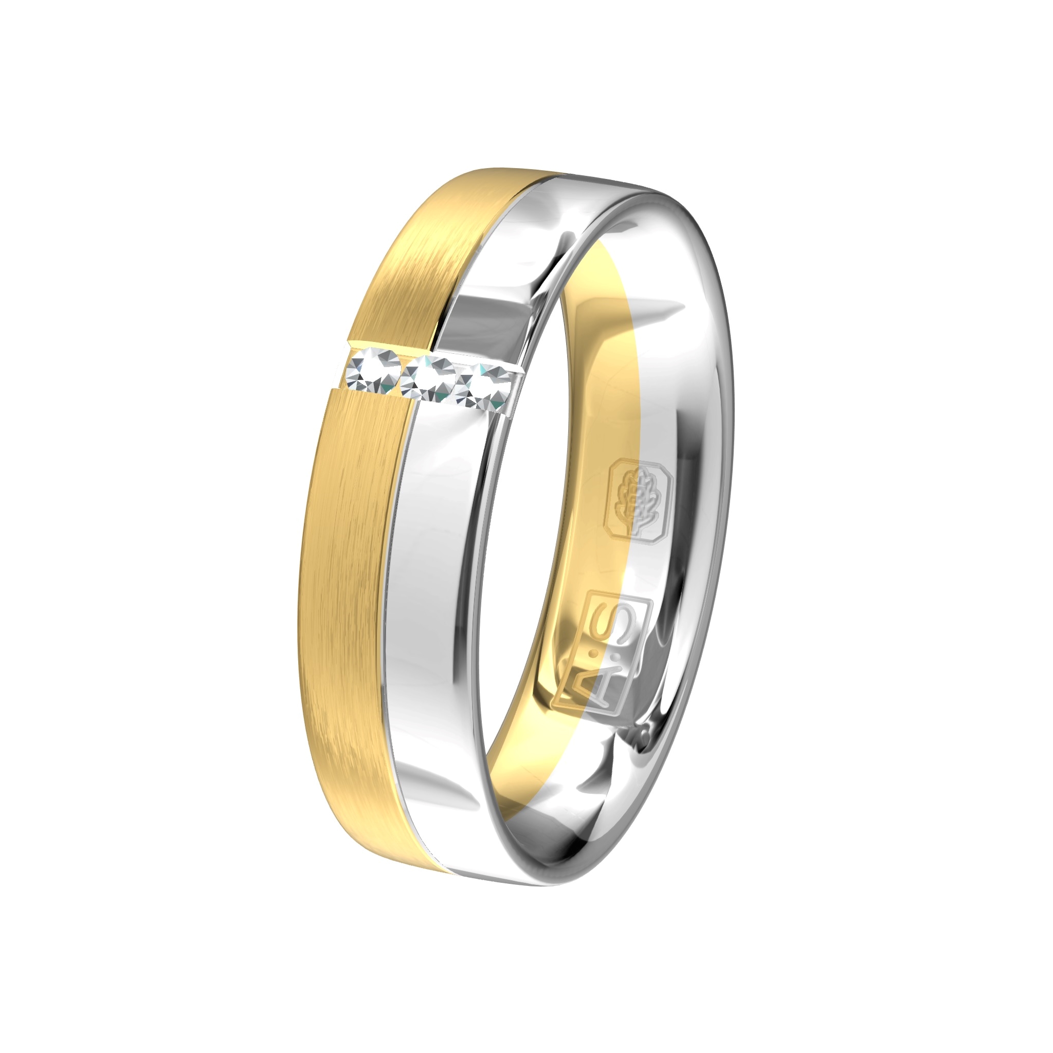 Deze hippe kleurcombinatie van glanzend witgoud en gematteerd geelgoud is door onze diamantzetters voorzien van drie briljanten in een verticale zetting!