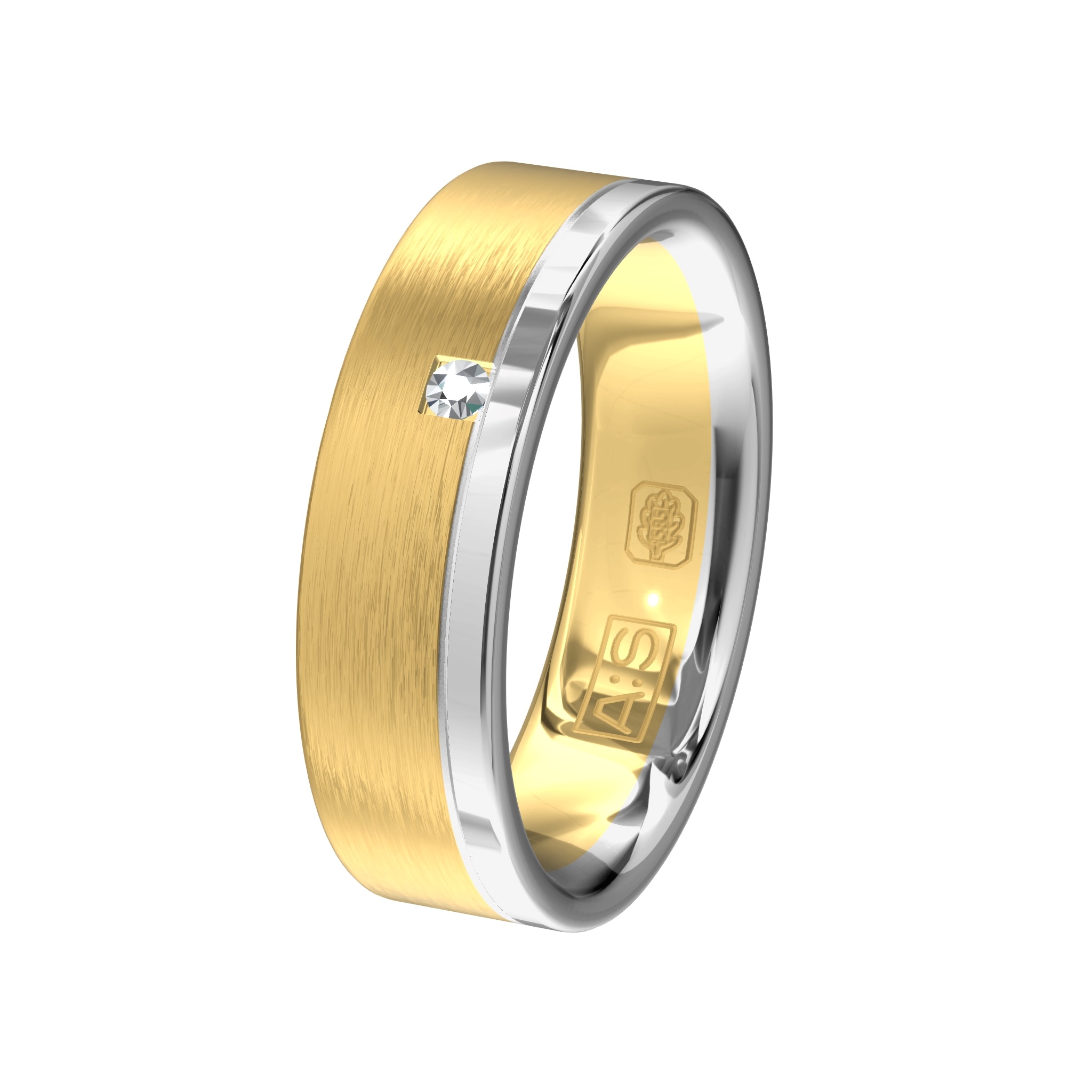 Stoere ringen met mat geborsteld geelgoud dat is gecombineerd met glanzend witgoud en een briljant in het vierkant gezet