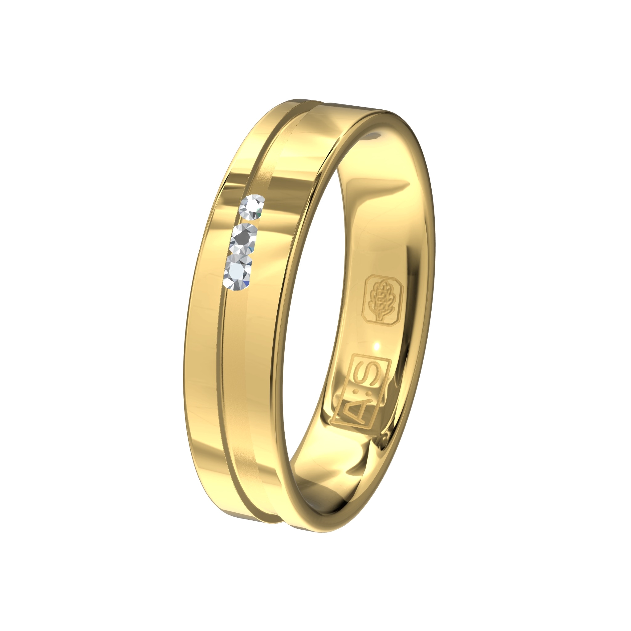 Klassieke schoonheid! Dat is deze prachtige geelgouden ring waar onze diamantzetters in de verlaagde baan heel elegant drie briljanten (0,02 | 0,015 | 0,01) hebben geplaatst.