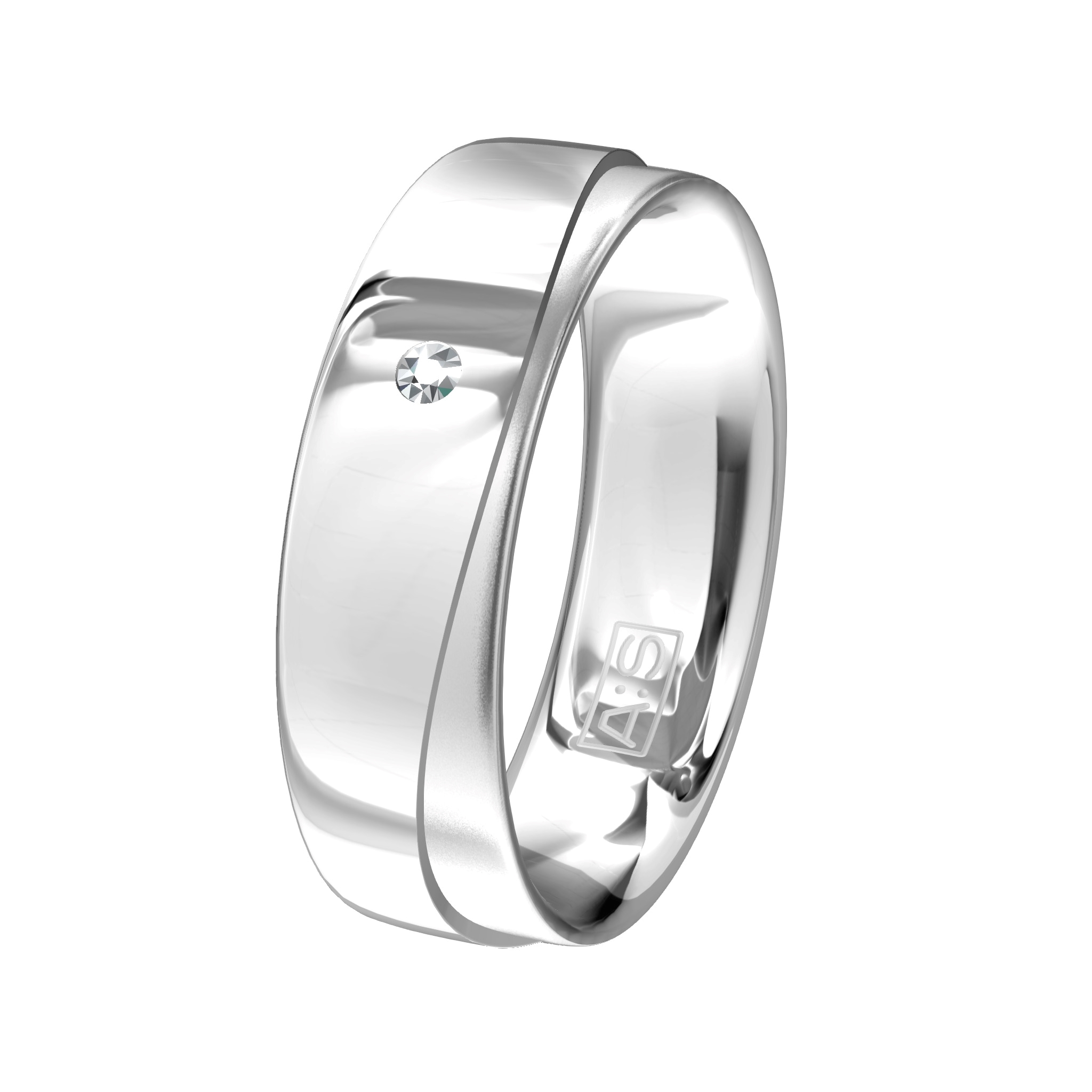 Een uniek ontwerp! Het verlaagde deel geeft een heel eigen look aan deze ring, waarin onze diamantzetters een briljant hebben geplaatst.