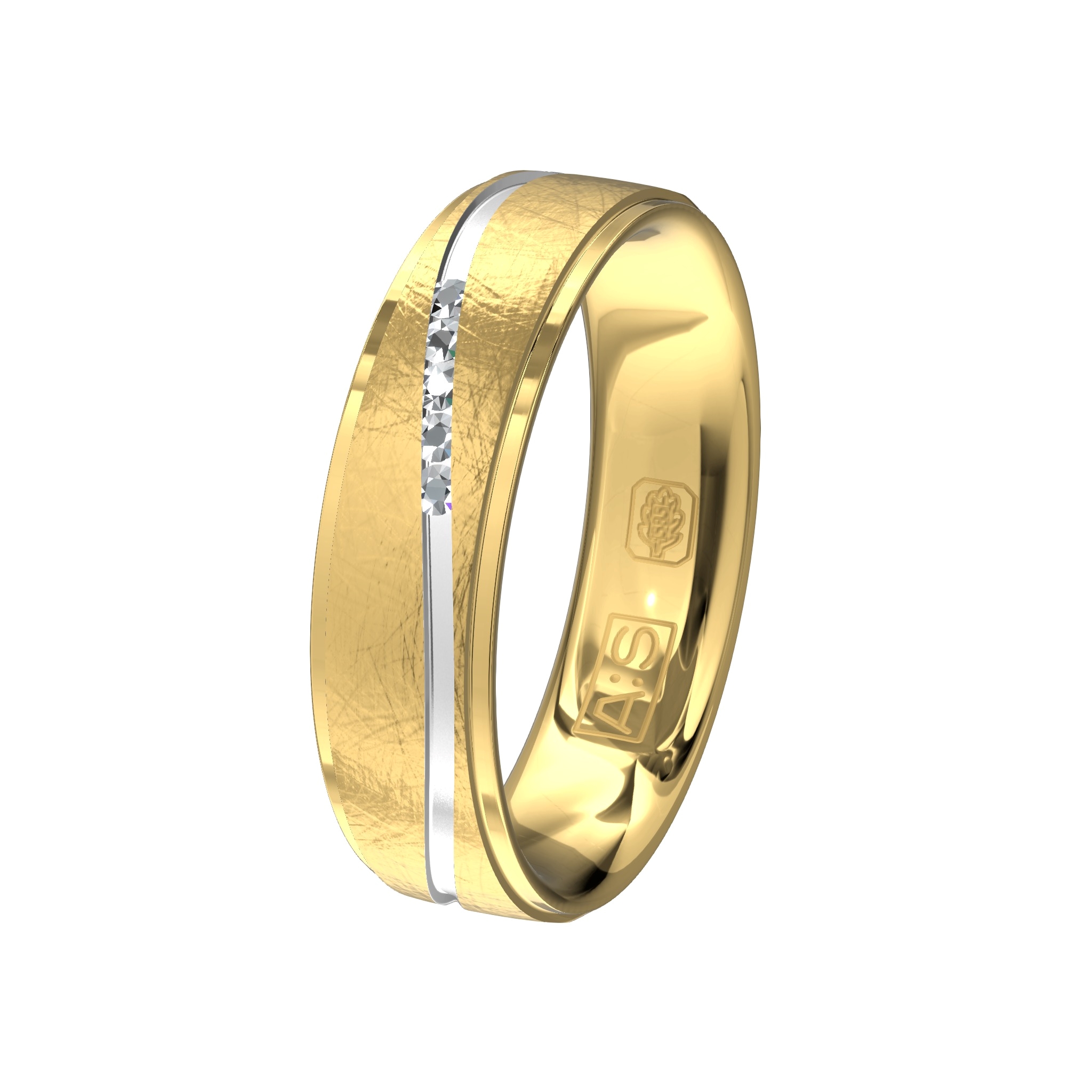 Een ring met een ijsmatte look waarin een glanzende gerhodineerde baan is gemaakt. Hierin zijn door onze diamantzetters vijf briljanten geplaatst.