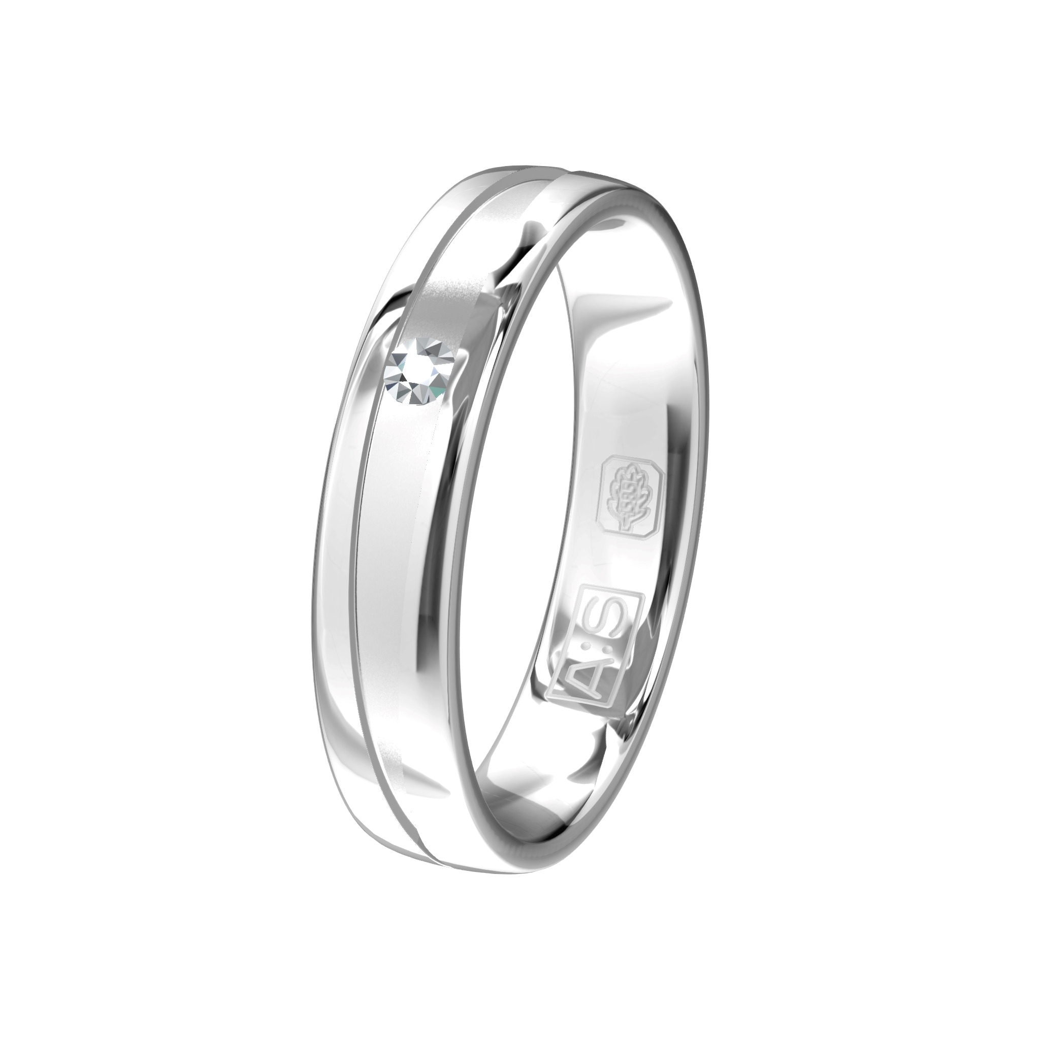 Een rond gevormde witgouden ring met een uitgefreesde binnenbaan, hierin is een briljant vastgezet