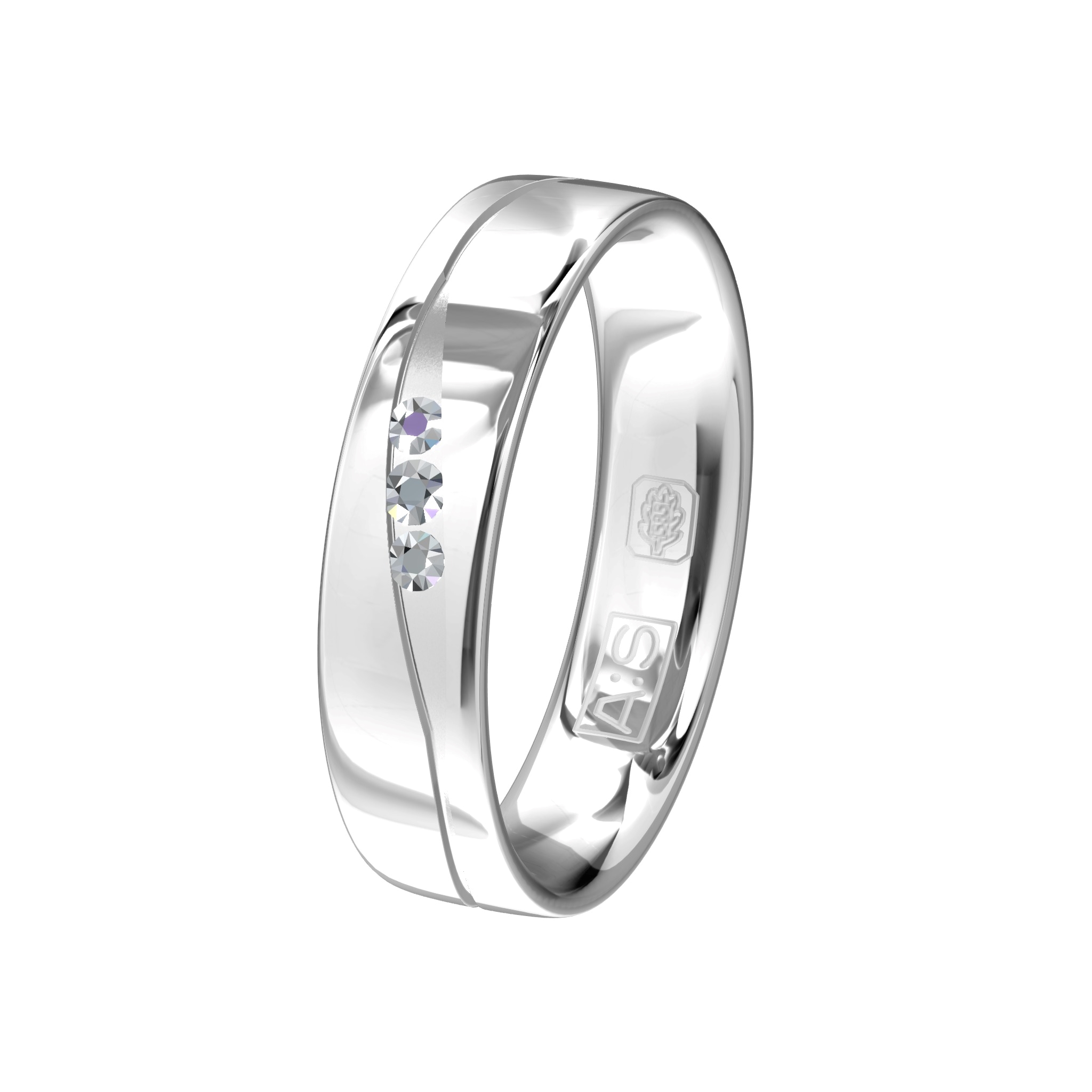 Deze glanzende witgouden ring is door onze goudsmeden voorzien van een elegante bewerkingslijn waarin drie prachtige briljanten zijn gezet.