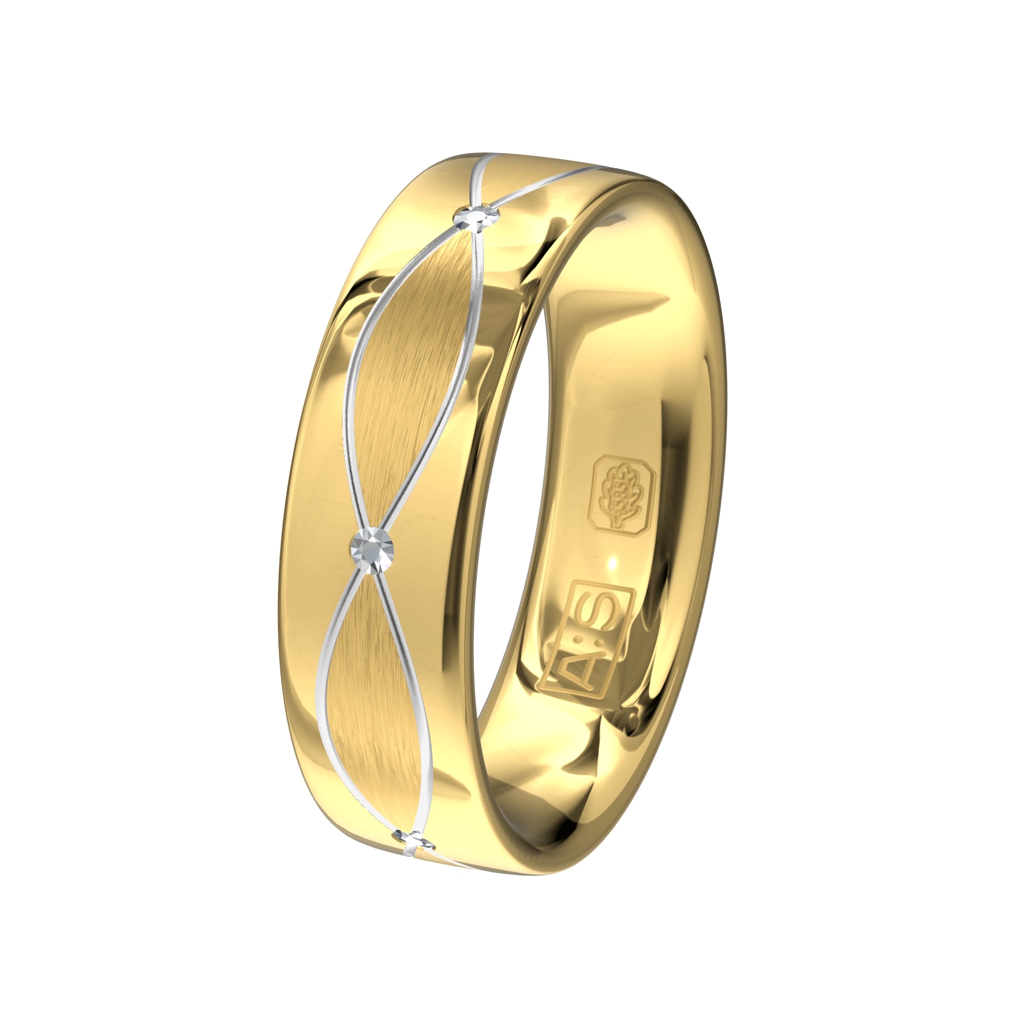 Kunstig lijnenspel uit geelgoud en witgoud met zes schitterende briljanten voor de bruid.