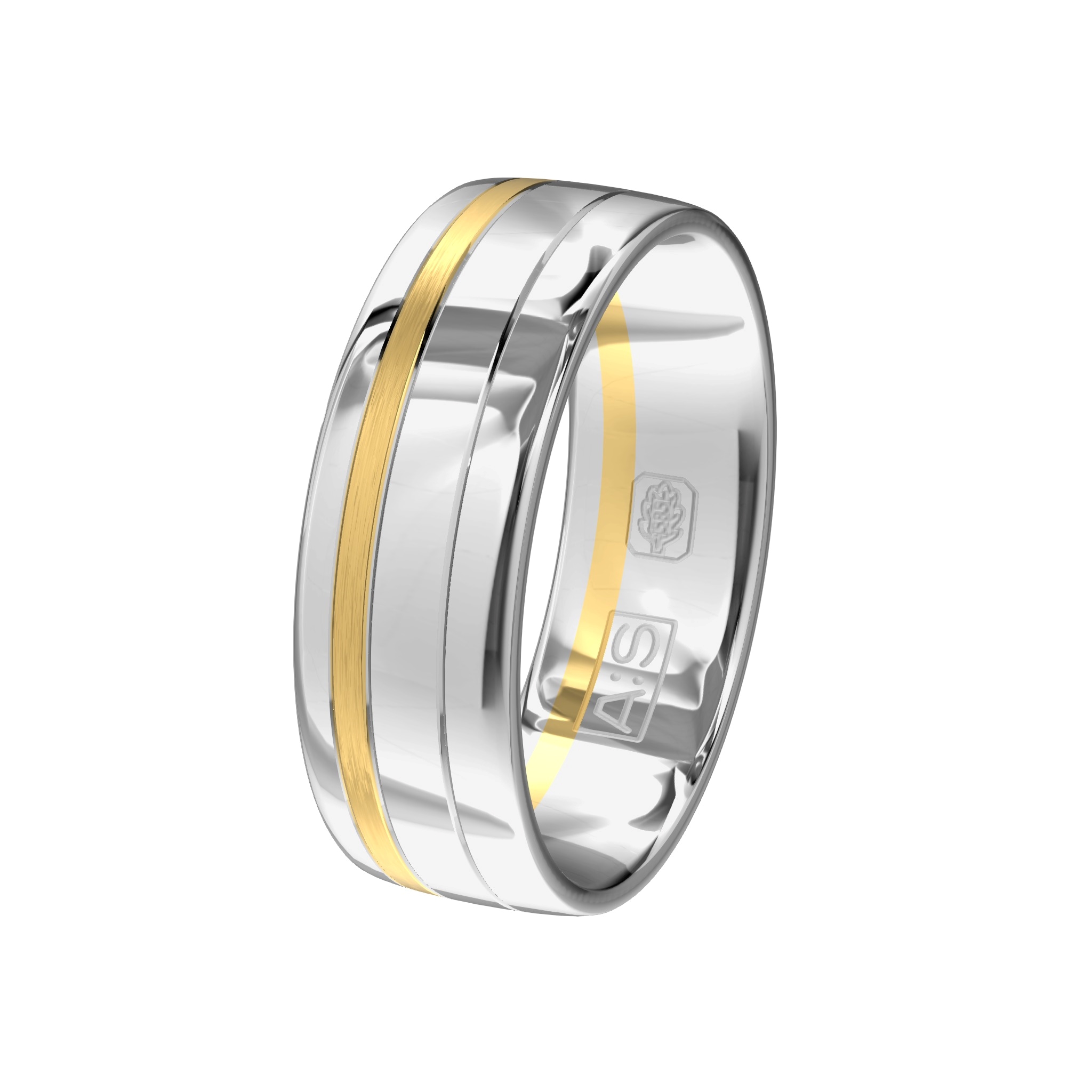 Deze bijzondere witgouden ring is voorzien van een heel dun baantje geelgoud. Omdat onze goudsmeden het geelgoud gematteerd hebben zorgt dat voor een prachtige uitstraling!