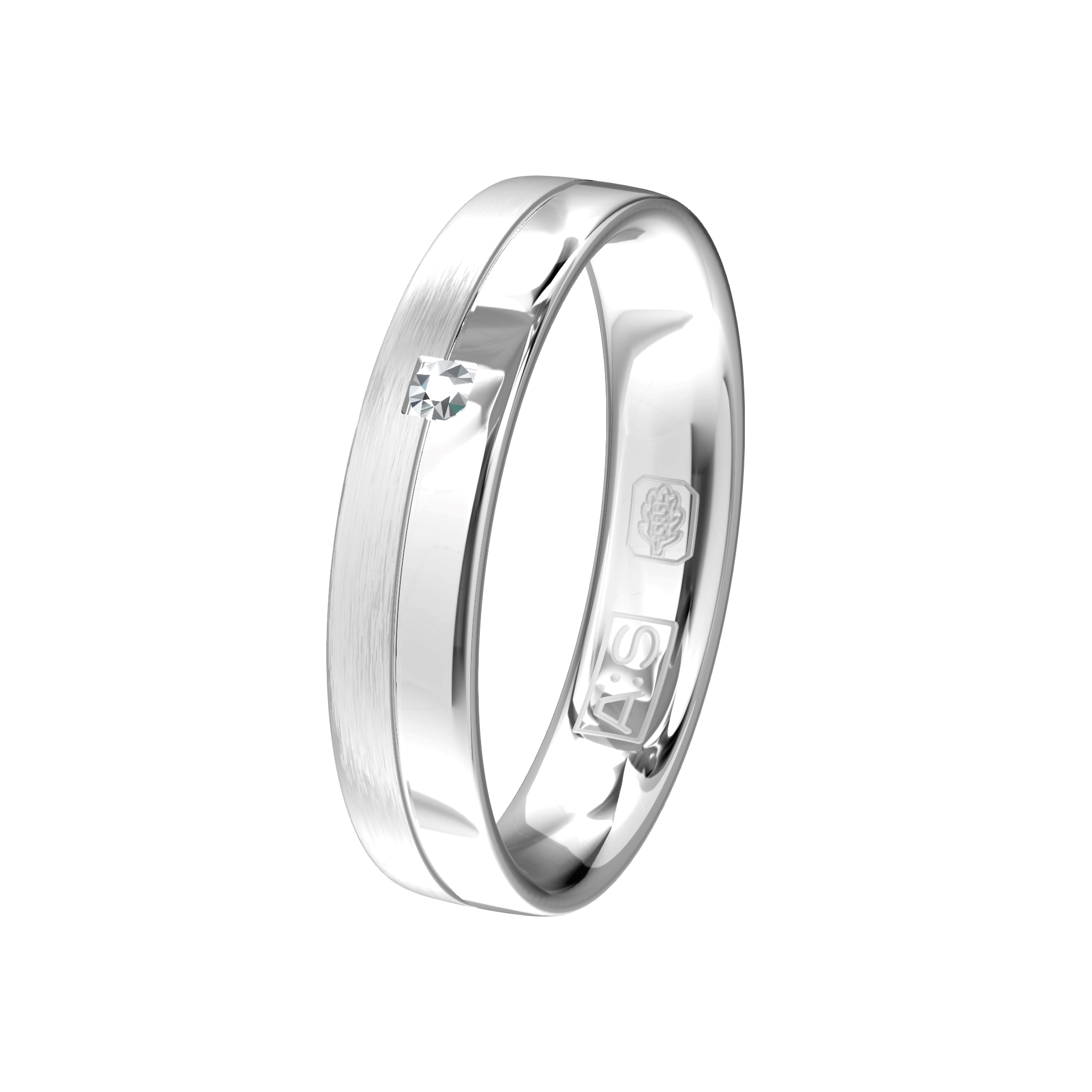 Mat en glanzend gepolijste witgouden ring waarin door onze diamantzetters een briljant is geplaatst in een prachtige vierkante zetting.