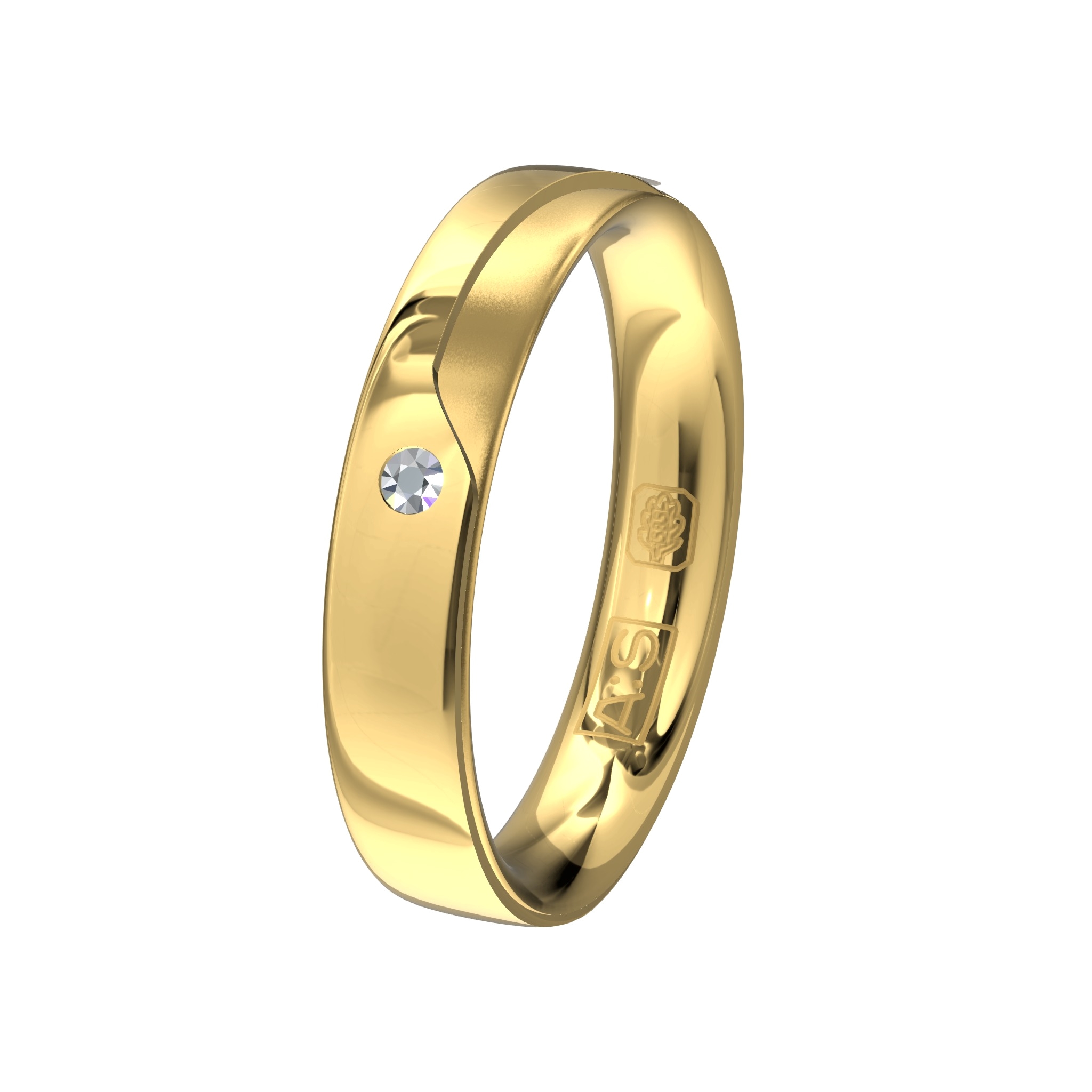 Een geelgouden ring, waarvan de verlaging in de ring zorgt van een speels effect, in deze verlaging hebben onze diamantzetters een briljant geplaatst