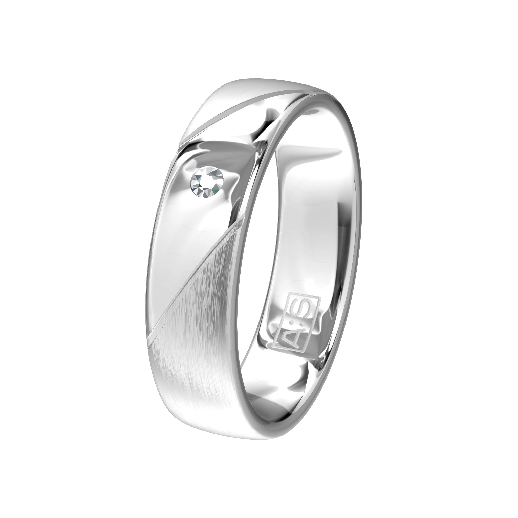 Deze fraai vormgegeven zilveren ring is voorzien van twee diagonale lijnen waartussen onze diamantzetters een briljant hebben geplaatst.
