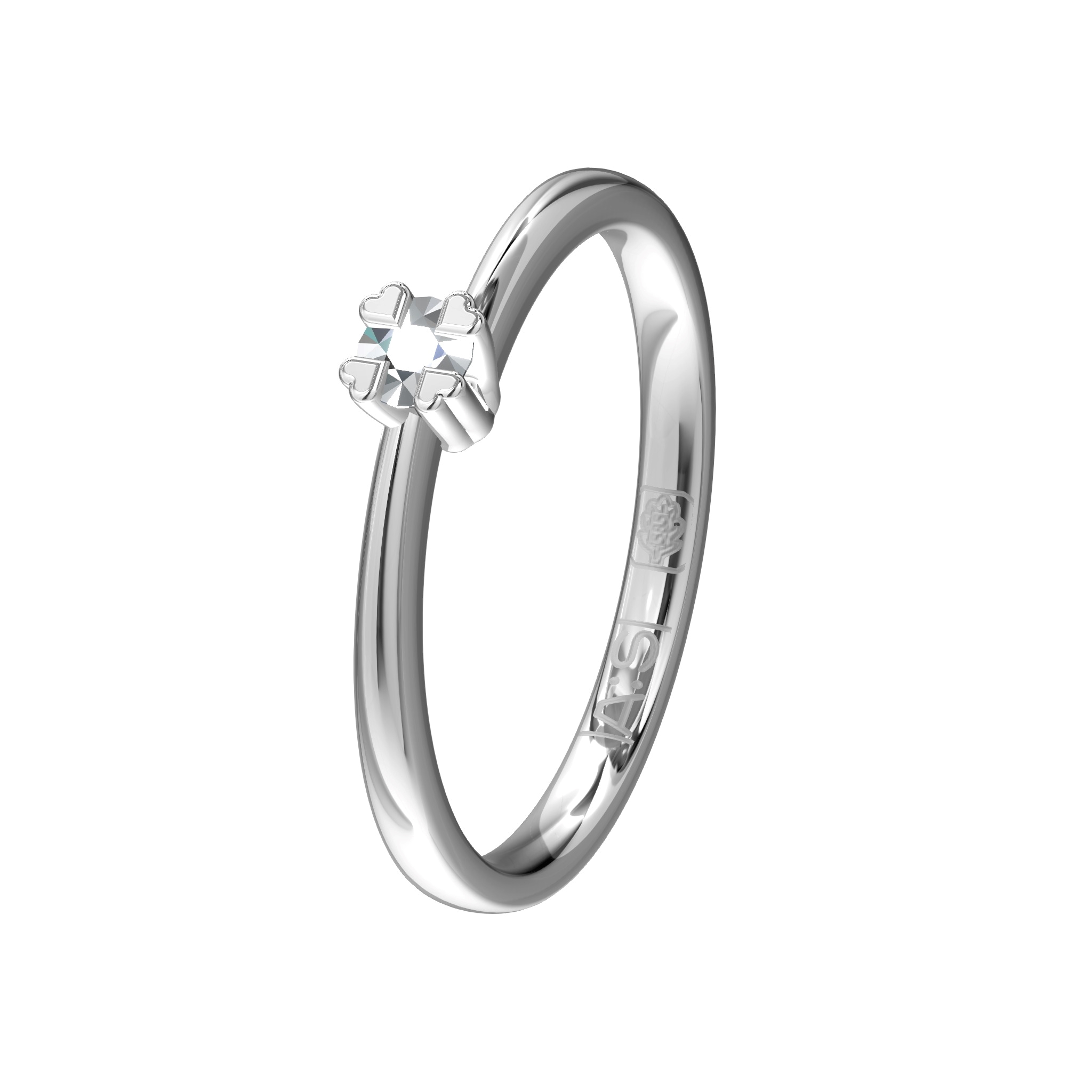 Een Solitaire ring met een unieke vormgeving in combinatie met vier hartvormige pootjes maken deze ring tot een plaatje! Een ring met een 0,10 ct. briljant.