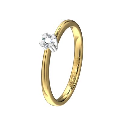 De unieke vormgeving van deze solitaire ring in combinatie met de vier hartvormige pootjes maken deze ring tot een waar sieraad welke door onze diamantzetters is voorzien van een 0,10 ct. briljant.