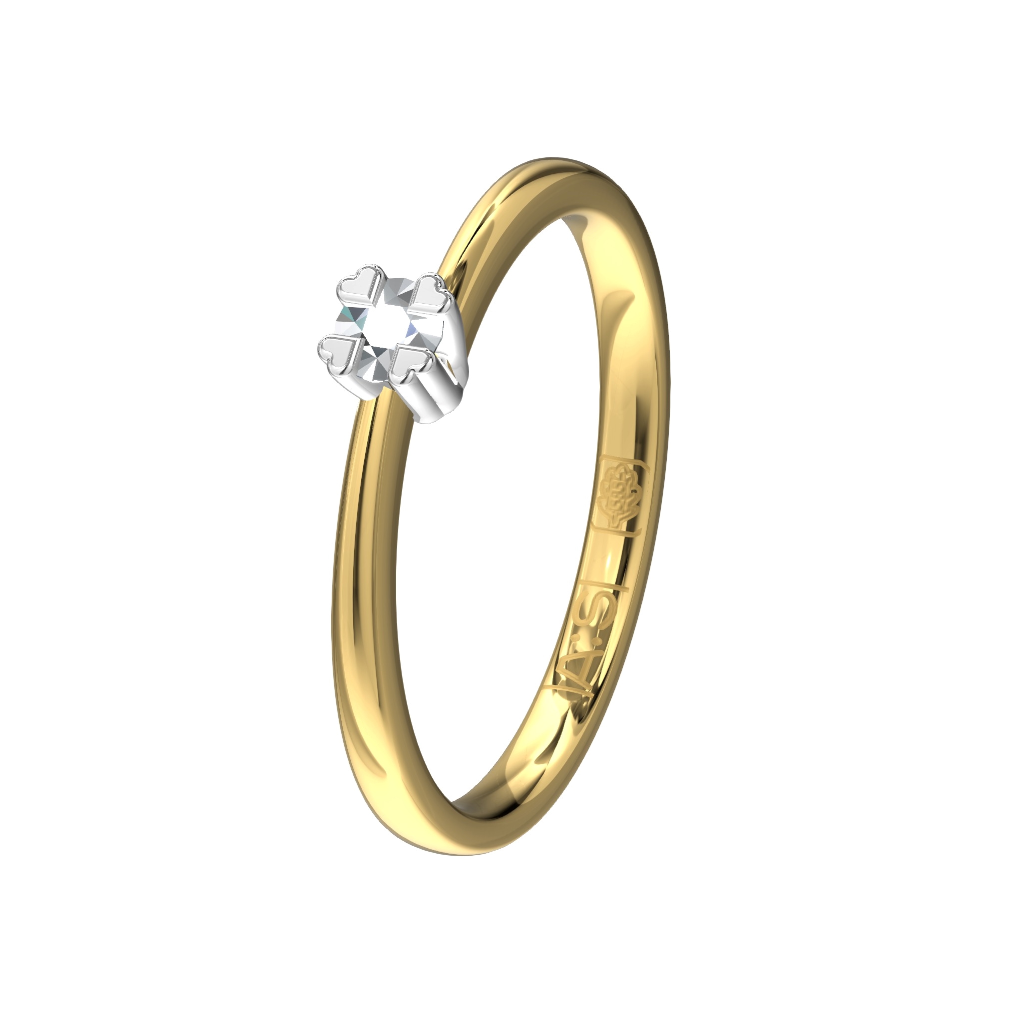 De unieke vormgeving van deze solitaire ring in combinatie met de vier hartvormige pootjes maken deze ring tot een waar sieraad welke door onze diamantzetters is voorzien van een 0,10 ct. briljant.