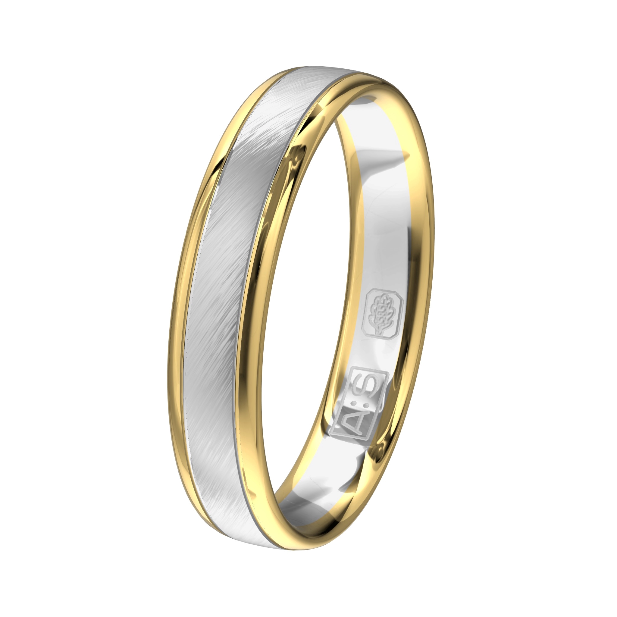 Doordat het matte witgoud breder is dan het glanzende geelgoud ontstaat een heel fraaie combinatie.