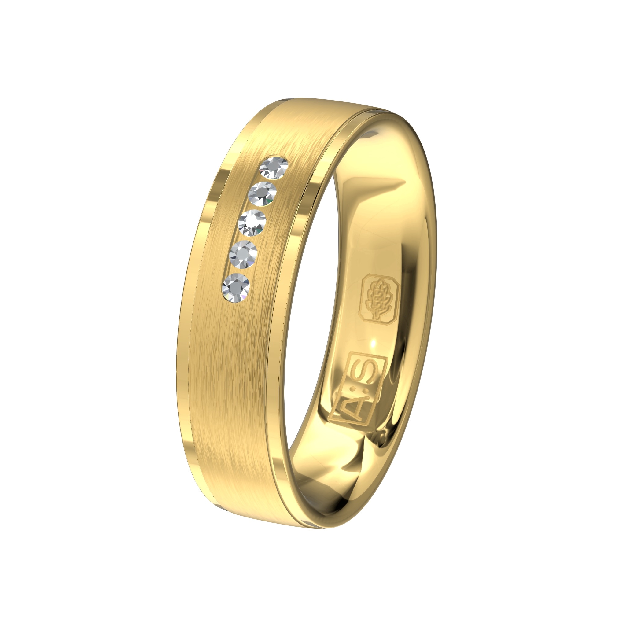 Op deze prachtige geelgouden ring stralen vijf briljanten welke door onze diamantzetters in een fraaie railzetting zijn geplaatst.