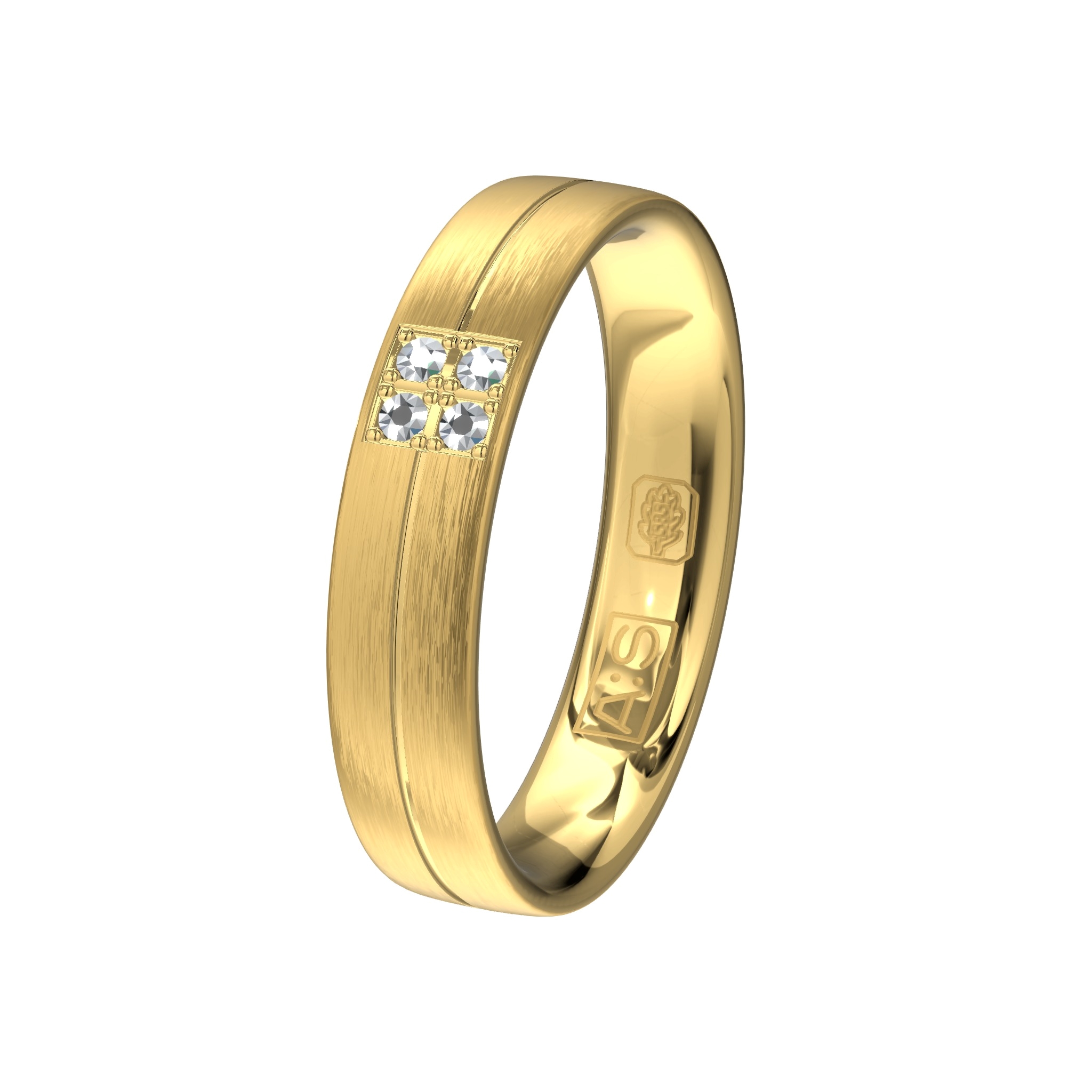 Wie wordt er niet gelukkig van deze matte geelgouden ring? De vier glimmende briljanten geven deze ring een prachtige uitstraling!