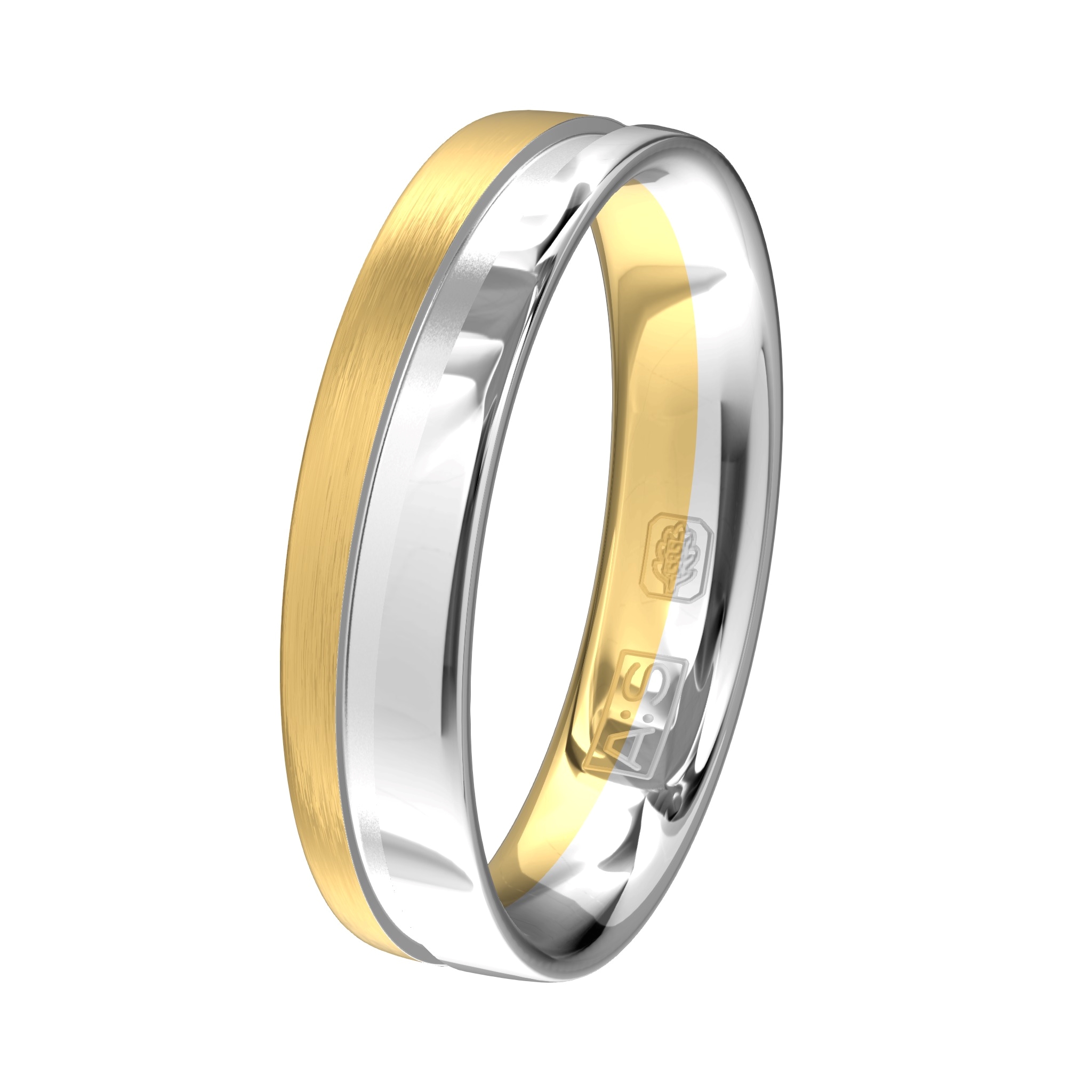 In deze schitterende ring versmelt een geelgouden baan met een witgouden baan.