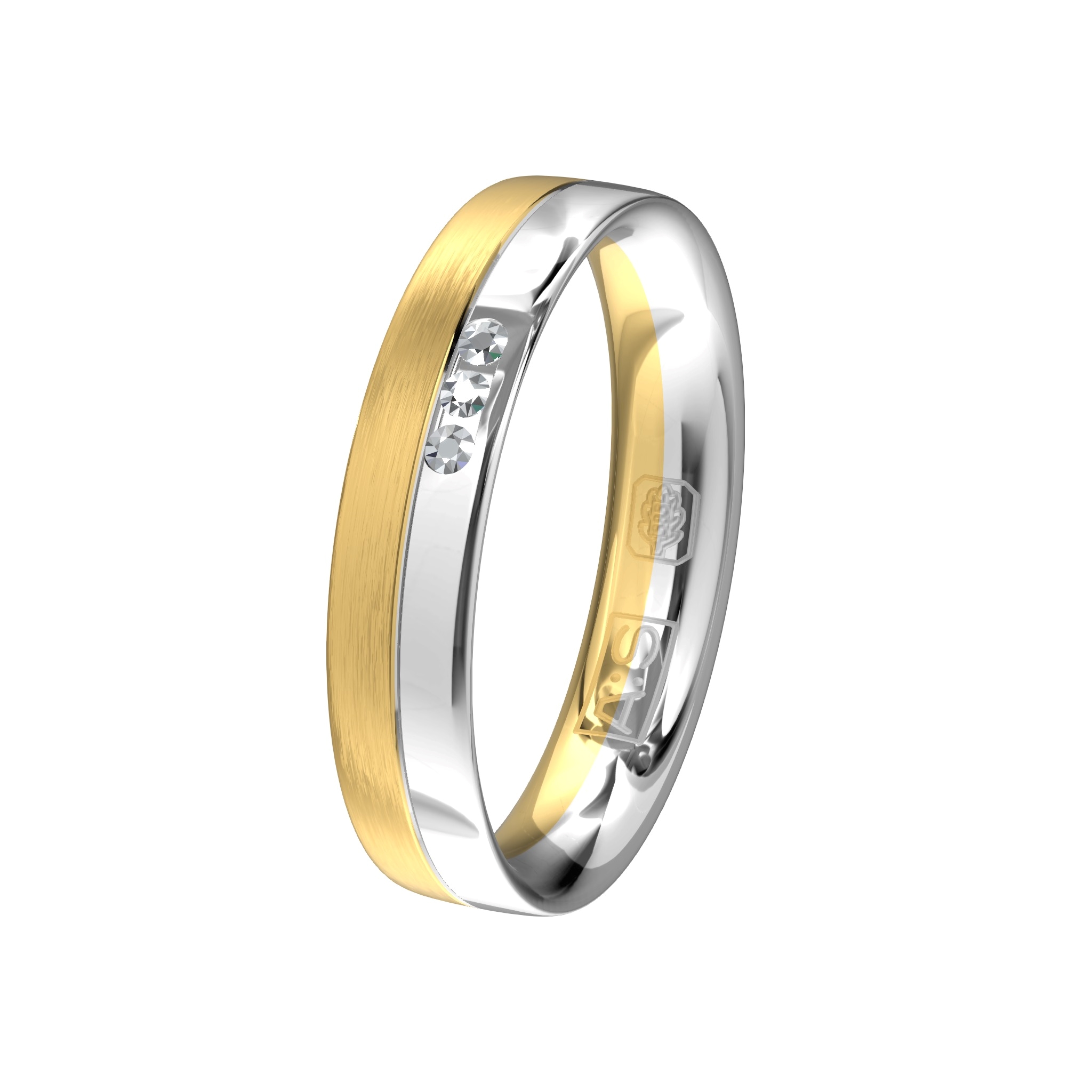 Wie wordt er niet gelukkig van deze mooie ring? De combinatie van glanzend witgoud, gematteerd geelgoud en drie briljanten, maakt dit tot een prachtige ring!