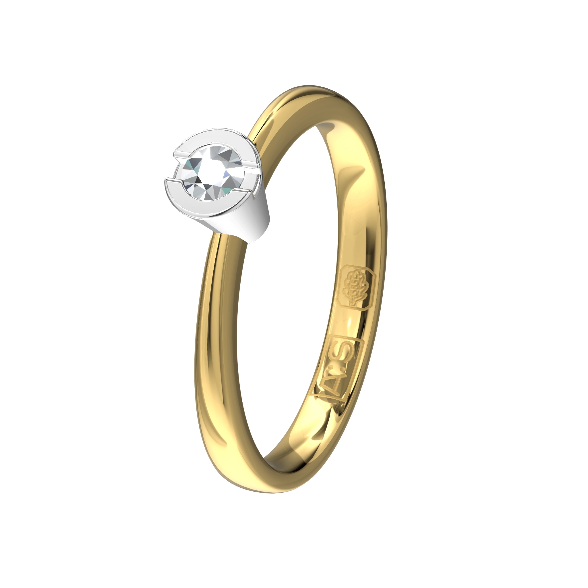 Handgemaakt en daardoor uniek! Deze geelgouden solitairring is door onze goudsmeden voorzien van een 0,10 ct. briljant in een witgouden zetting.
