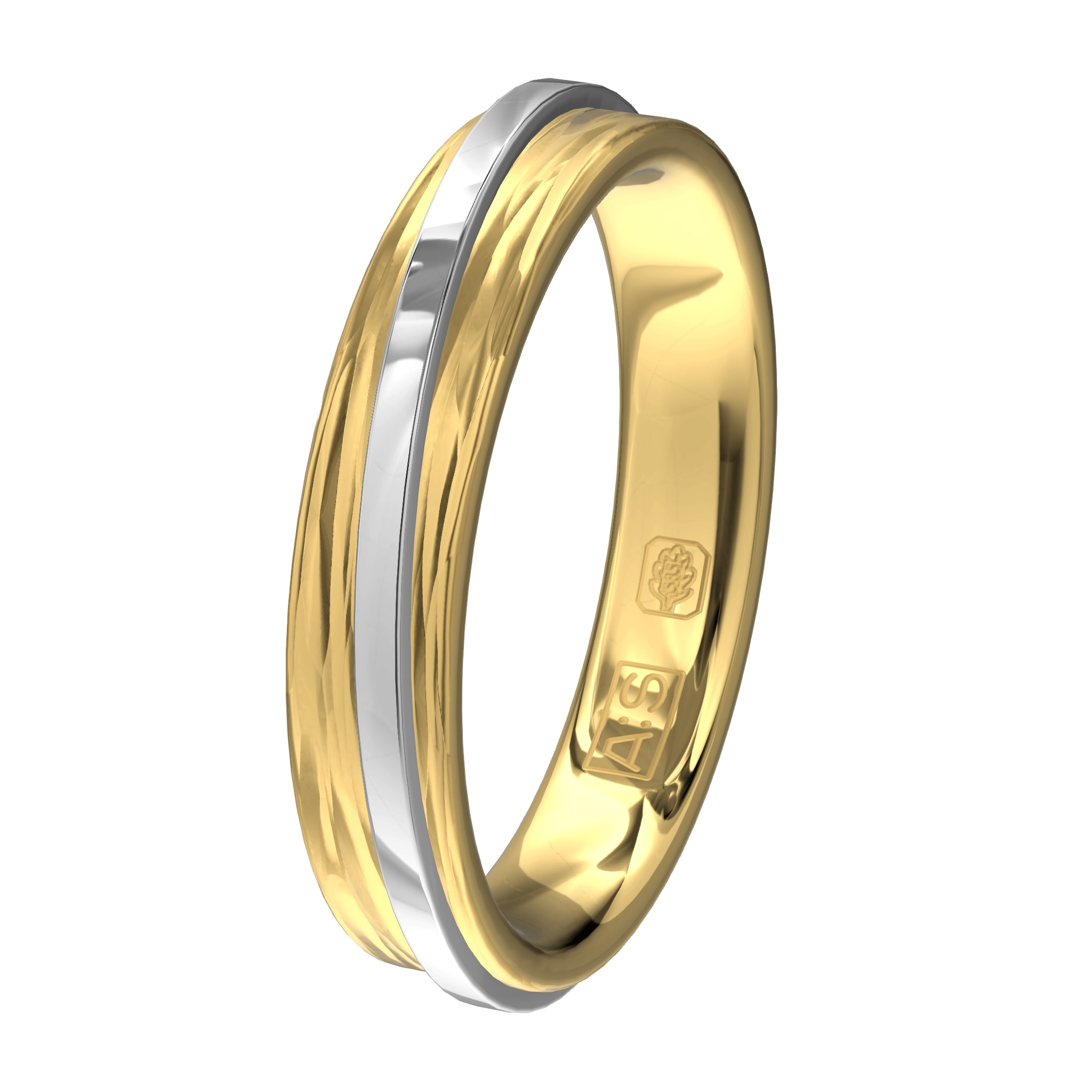 Deze prachtige, organische ring is uitgevoerd in een combinatie van geelgoud met witgoud palladium. De ronde binnenkant zorgt voor een heerlijk draagcomfort.