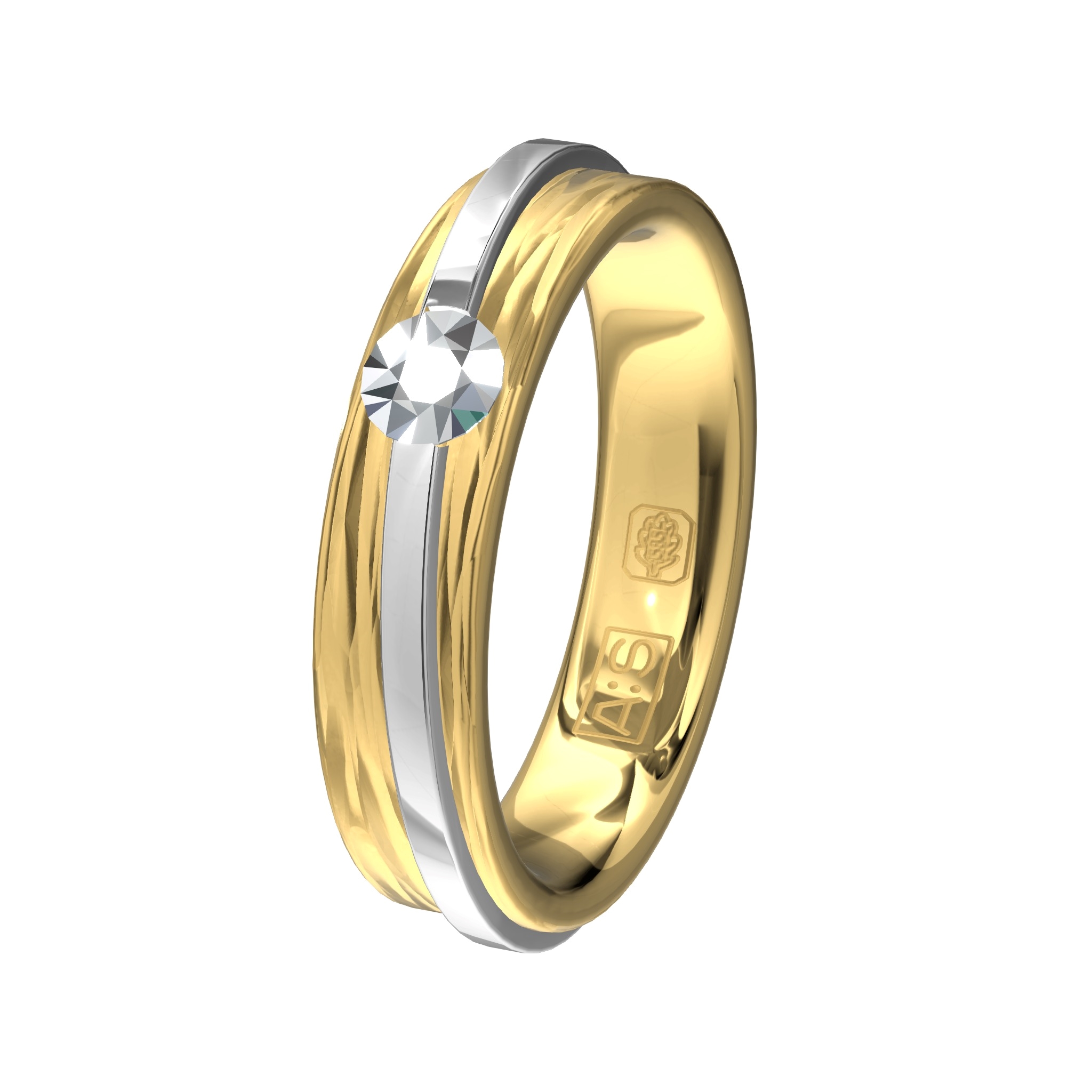 Deze organische ring is uitgevoerd in een combinatie van geelgoud met witgoud. De diagonale witgoudpalladium baan is door onze diamantzetters voorzien van briljant!