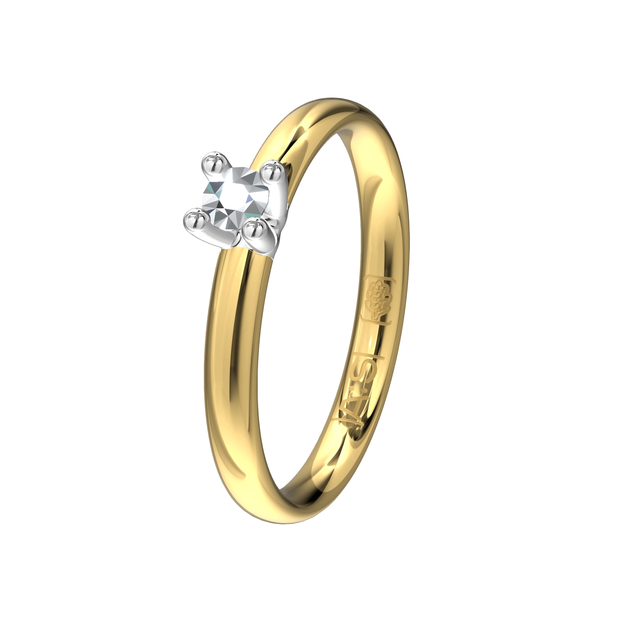 Deze geel- met witgouden Solitaire ring heeft een hoog draagcomfort door de ronde binnenkant. Een prachtige briljant van 0,10 ct. maakt deze ring helemaal af