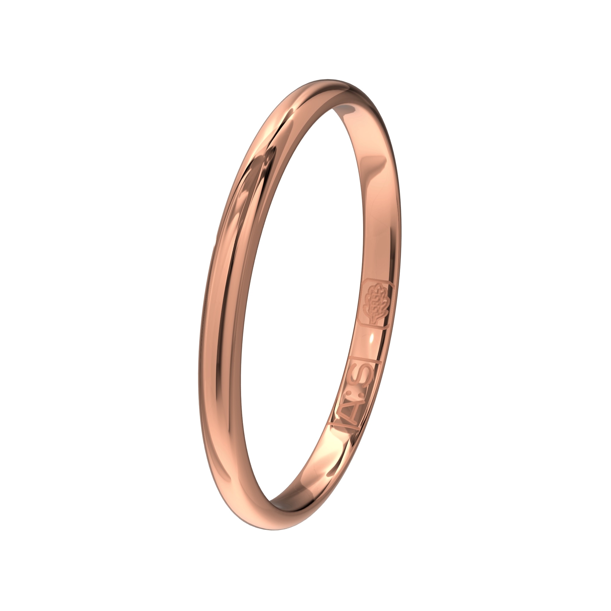 Deze gladde rosegouden ring is sierlijk en licht in gewicht. Het is een ring met een bolle buitenkant en een ronde binnenkant.