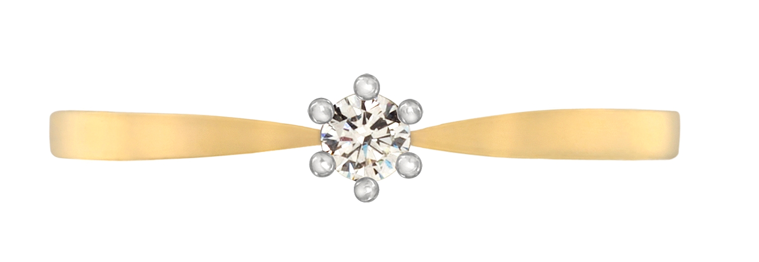 De klassieker onder de Solitaire ringen! Prachtig uitgevoerd in het geelgoud met een witgouden zetting die is voorzien van een briljant van 0,03 ct.